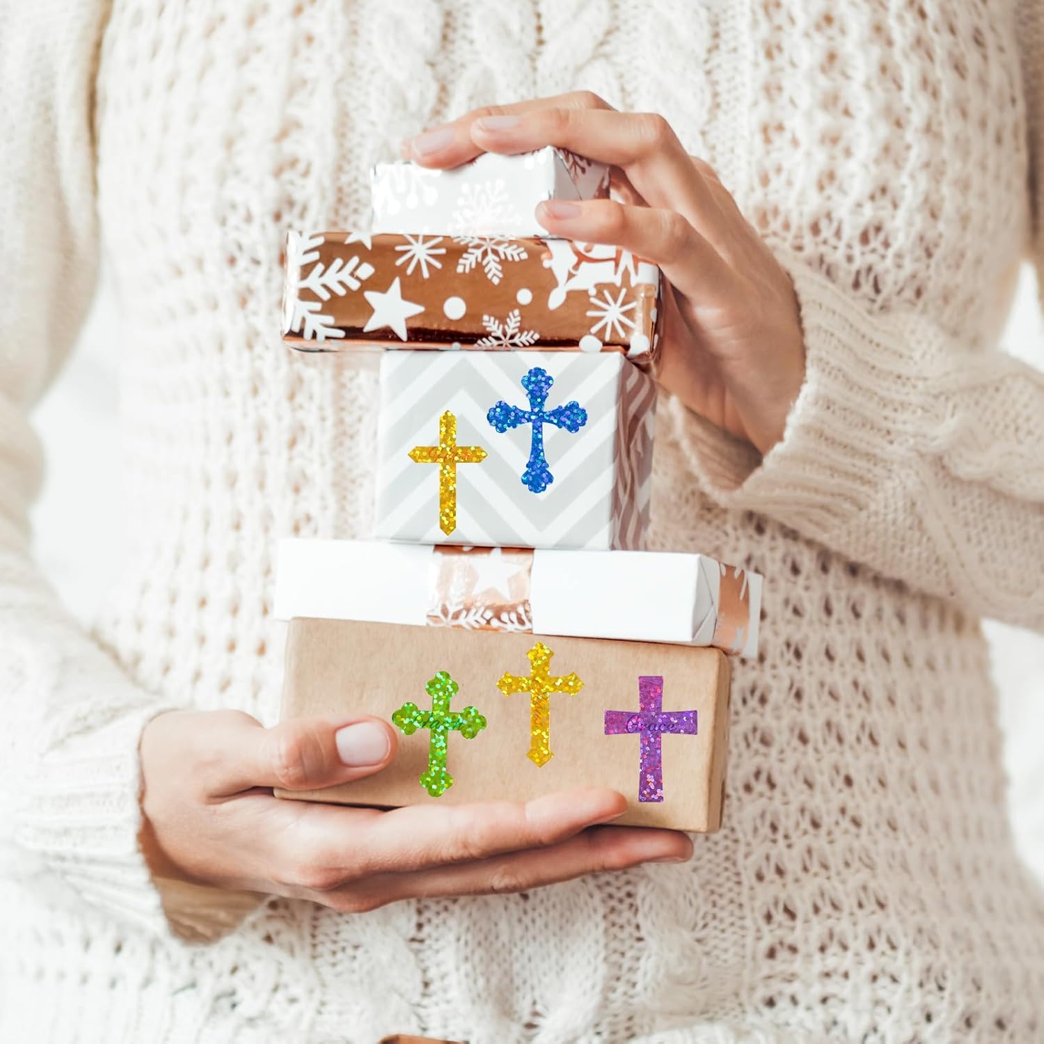 Fancy Land 600 Pcs Cross Stickers Glitter Easter Religious Jesus Christian Stickers for Kids Scrapbook Classroom Church Sunday School Supplies