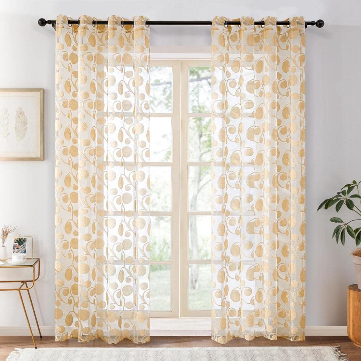 Cercle Géométrique Panneau De Rideau Transparent pour Le Salon La Chambre À Coucher Cuisine Moderne Tulle Stores Fenêtre Traitement Drapé-Jaune Clair,W300cmxH250cm,Grommet