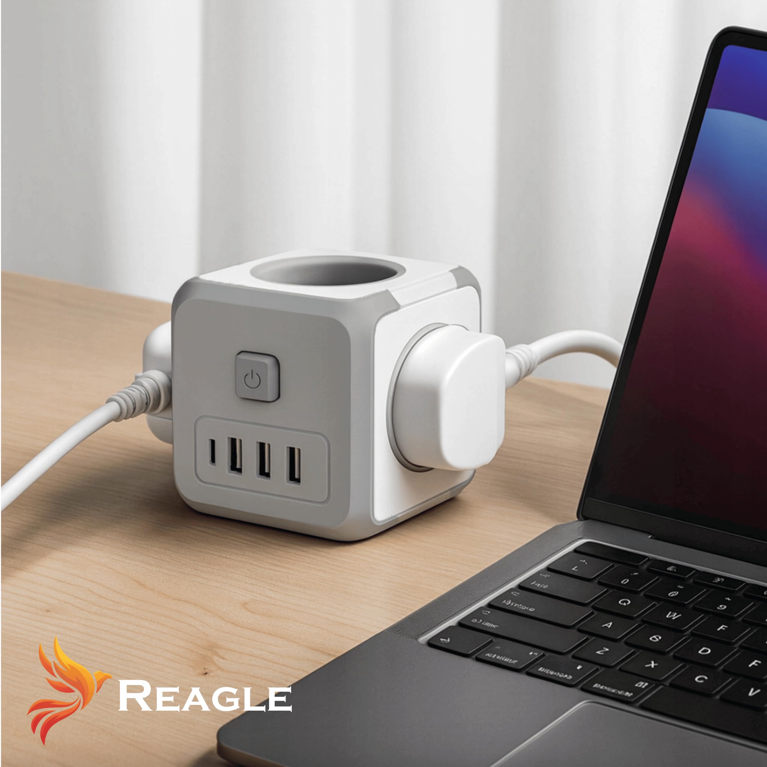 Reagle Listwa zasilająca bez kabla, 3 gniazda z kostką USB-A i USB-C, 2500 W, z przełącznikiem, listwa zasilająca Powercube do biura, domu, podróży
