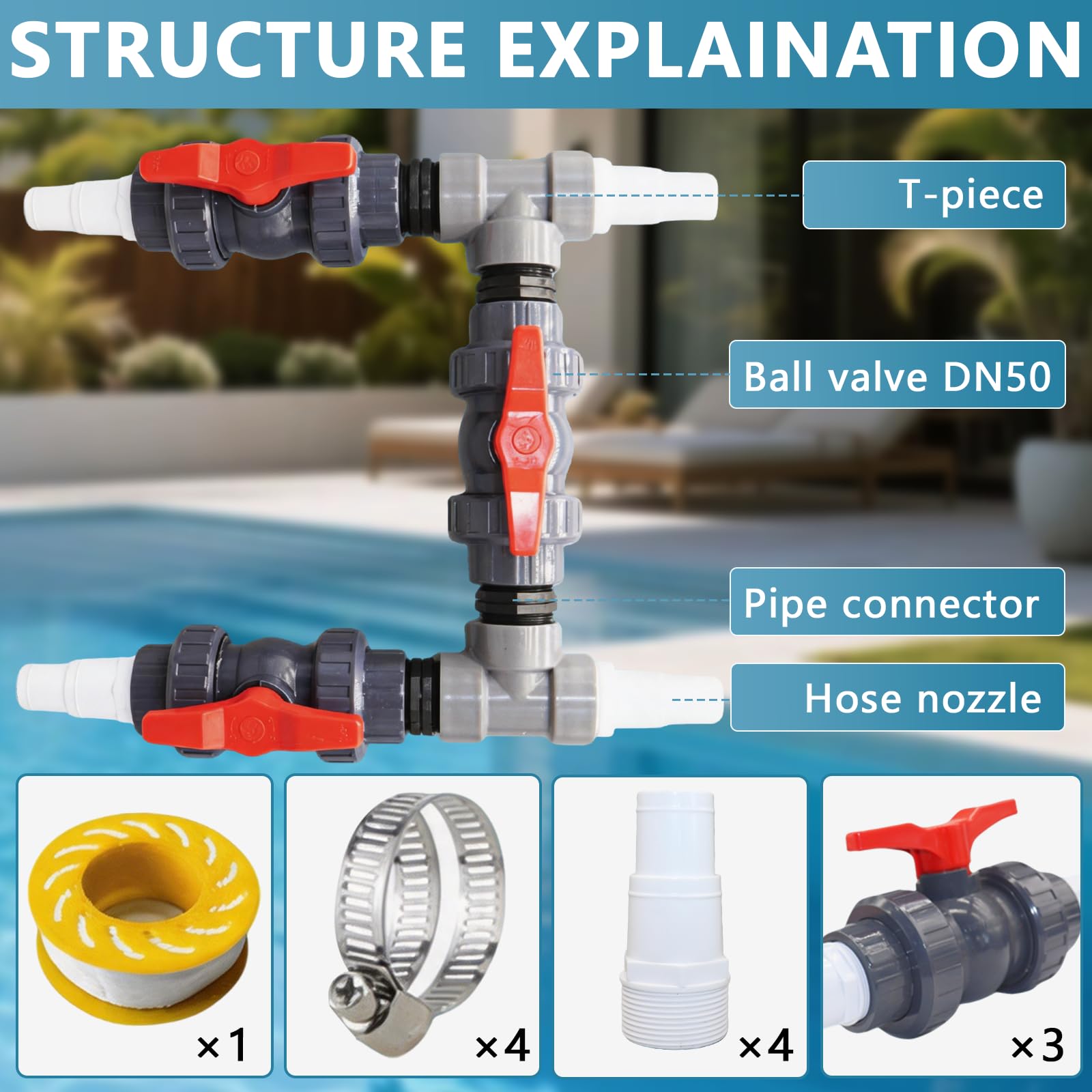 Kit De Derivación para Piscinas, Bombas De Calor Kit De Conexión para Calefacción De Piscinas con Válvulas De Bola De PVC 50mm Conectores En T Conectores De Tubería Mangueras 32mm/38mm