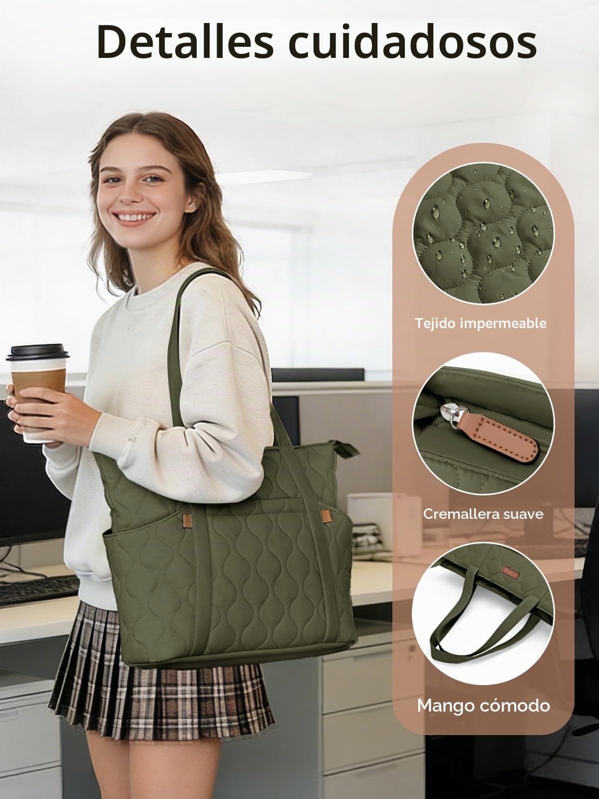 Bolso Tote Mujer Grande, Bolso Shopper Acolchado Ligero con Compartimento para Portátil de 15,6", Bolsa de Hombro con 8 Bolsillos para Trabajo, Universidad y Viaje