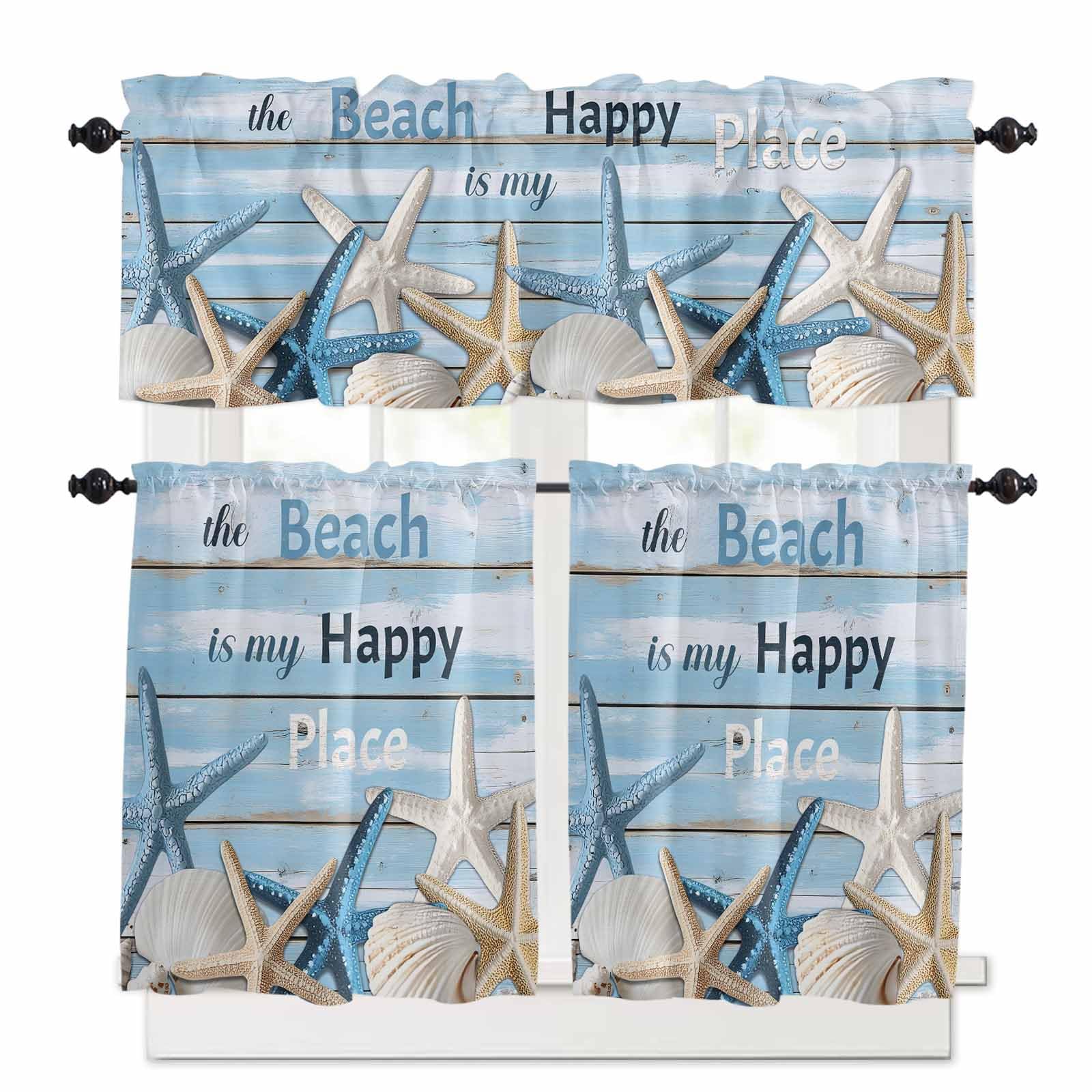 Blue Starfish Coastal Kitchen Curtains 36 Inch Length,3 Piece Rod Pocket Small Half Tiers and Valance Set,Nautical Shell Summer Beach Vintage Small Large Window Treatment Decor for Bedroom/Bathroom