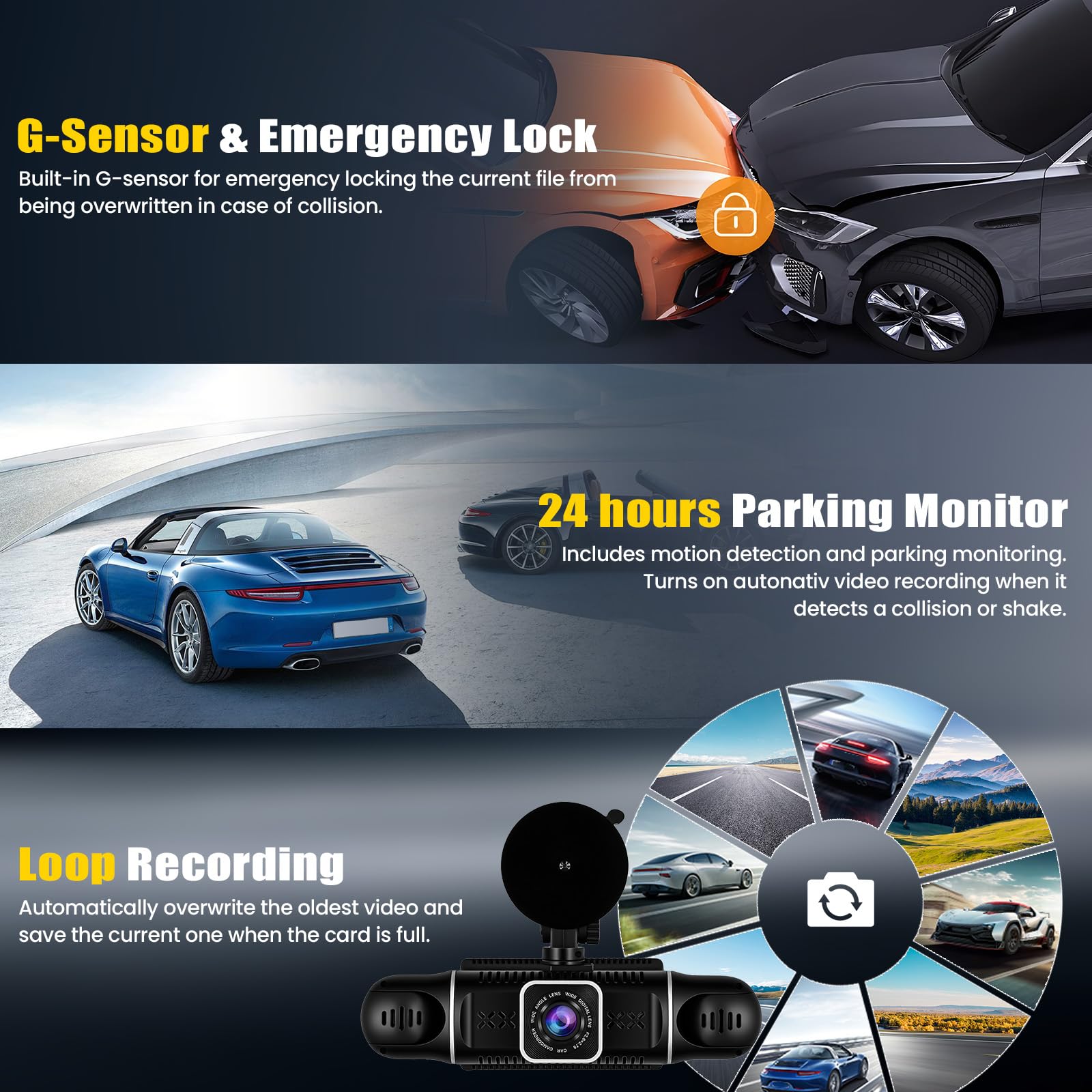 Dashcam Voiture 4 Canaux 360° avec WiFi, 2K+3*1080P Avant Arrière Droite, Autocaméra avec Vision Nocturne, Surveillance du Stationnement, G-Sensor, Enregistrement en Boucle, APP, Aide au recul