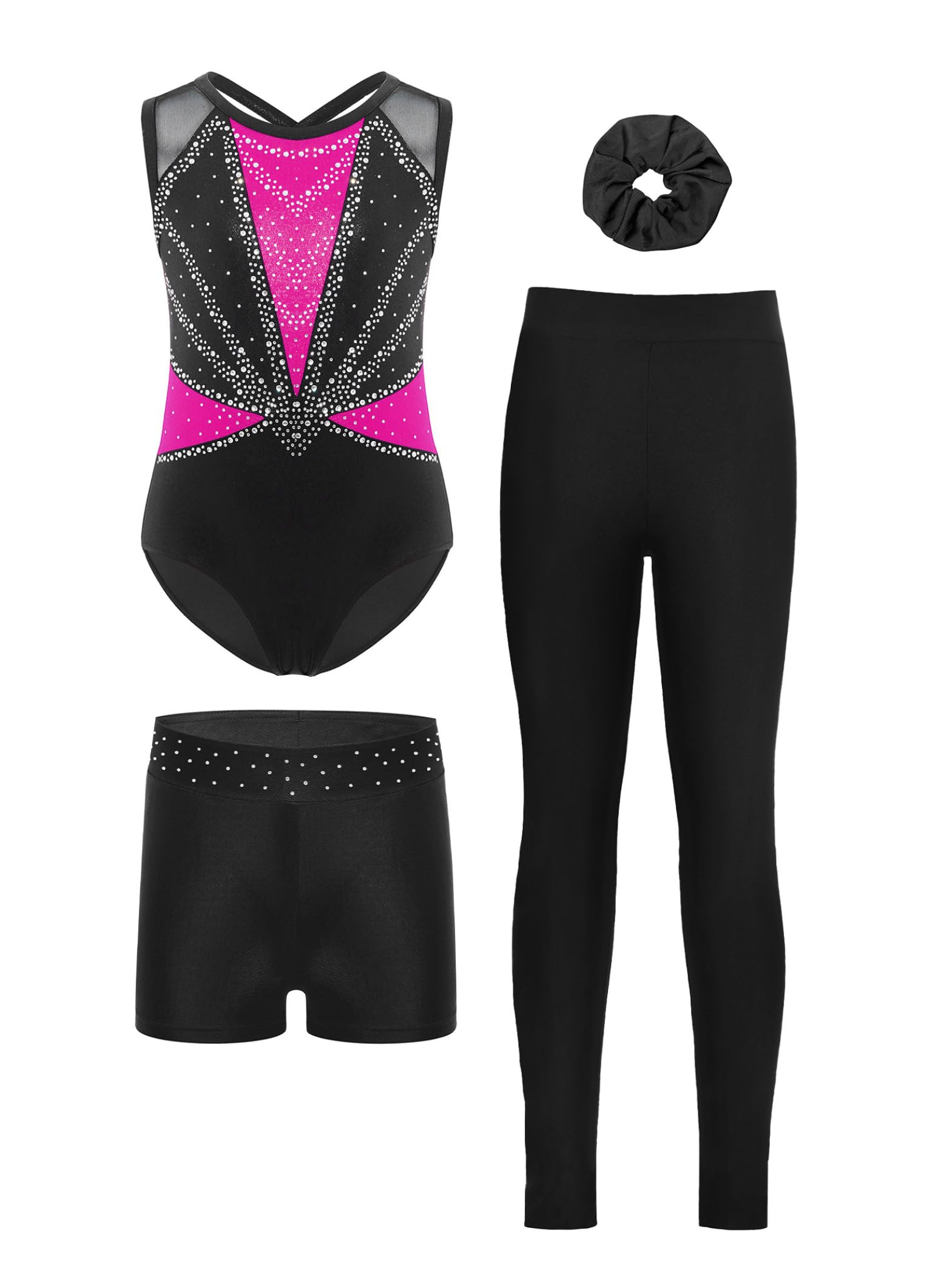 Piezas De Traje De Gimnasia Para Niñas Con Brillo Con Pantalones Cortos Moño Para El Cabello Bodysuit De Gimnasia Traje De Competición Y De Baile