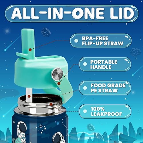 Miniatura 3 de Astronaut - Botella de agua para niños con tapa con pajilla, botellas de agua aisladas de acero inoxidable de 12 onzas para niños pequeños, taza de