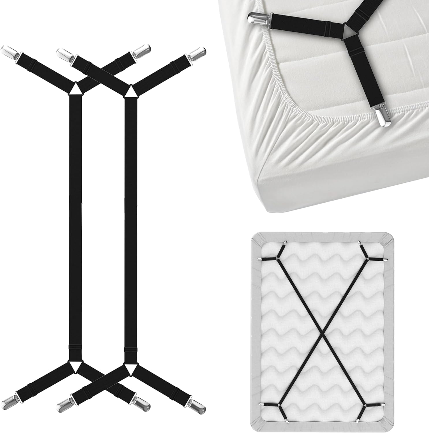 FeelAtHome Bed Sheet Holder Straps Criss-Cross - Sheets Stays Suspenders Keeping Fitted Or Flat Bedsheet in Place - for Twin Queen King Mattress Holders Elastic Clips Grippers Fasteners Garters Bands