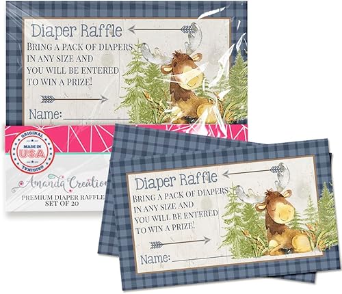 Adventure Awaits - Bonitos boletos de sorteo de pañales de alce para baby shower, 20 tarjetas de inserción de doble cara de 2 x 3 pulgadas para