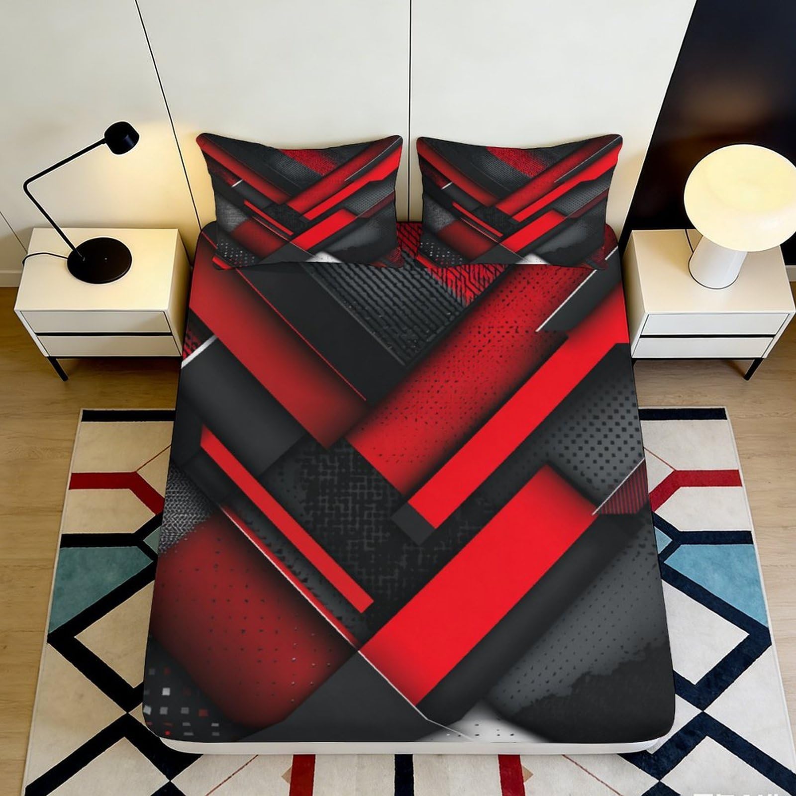 Jqzkxnhpbr Style-10 3D Printed Geometric Red Black Fitted Sheet Microfiber Modern Abstract Bed Cover For Bedroom Guest Room Decor 90X200x25cm