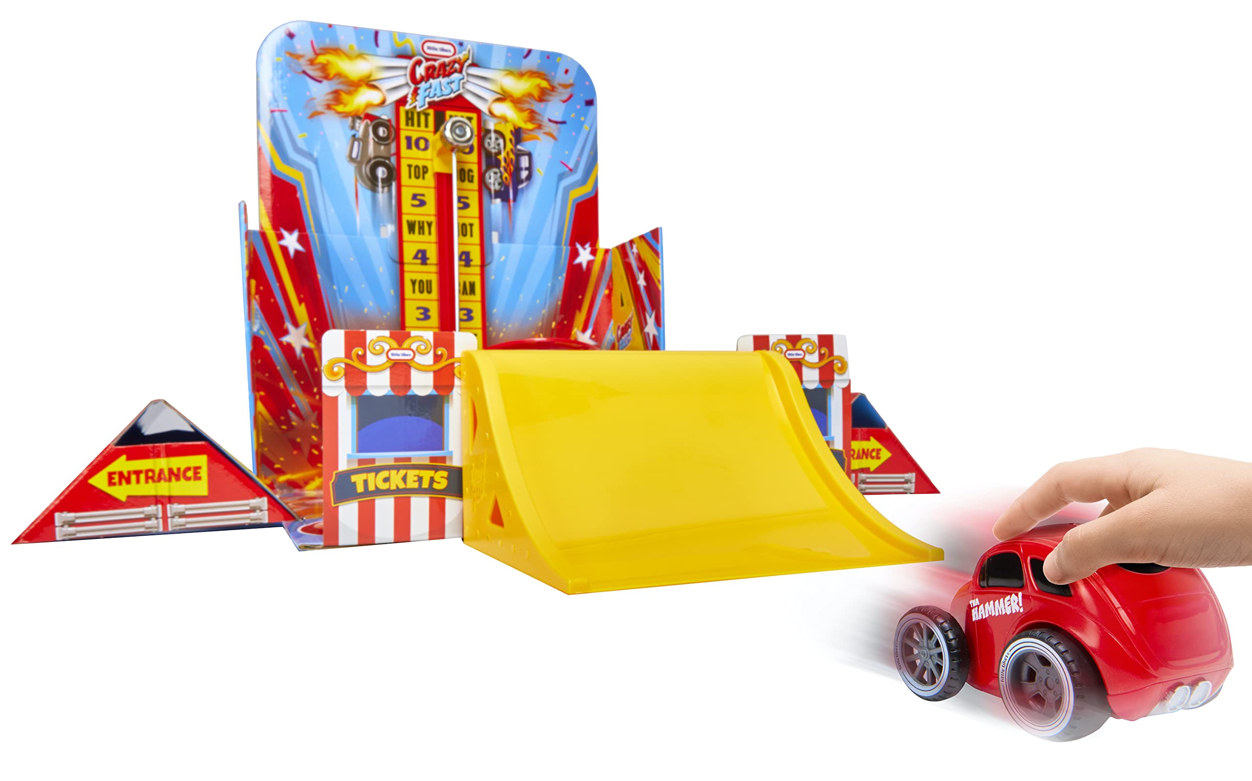 Little Tikes Flip & Fly Carnival Crazy Fast a Tema Luna Park; Con un'Esclusiva Macchinina Giocattolo a Spinta, una Catapulta, una Rampa, 2 Giochi e una Campana; Percorre fino a 15,25 Metri; Età: 3+
