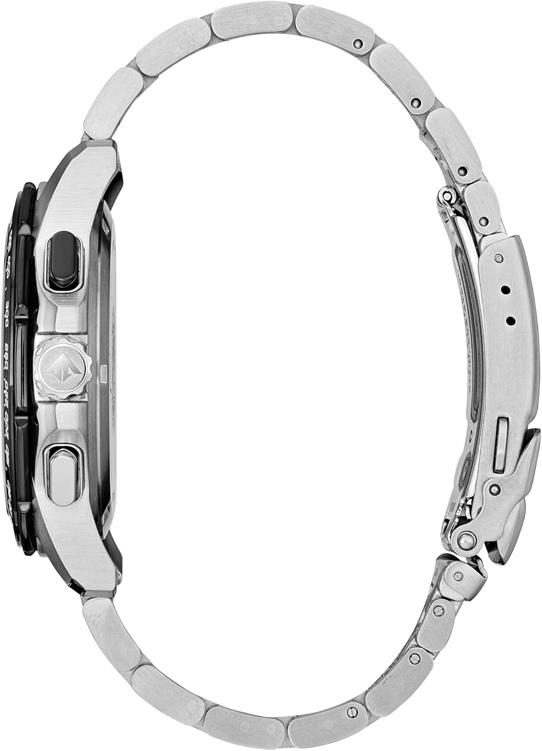 Samping view of Citizen Promaster Land MX Sport Racer Chronograph Watch, showing crown and pushers