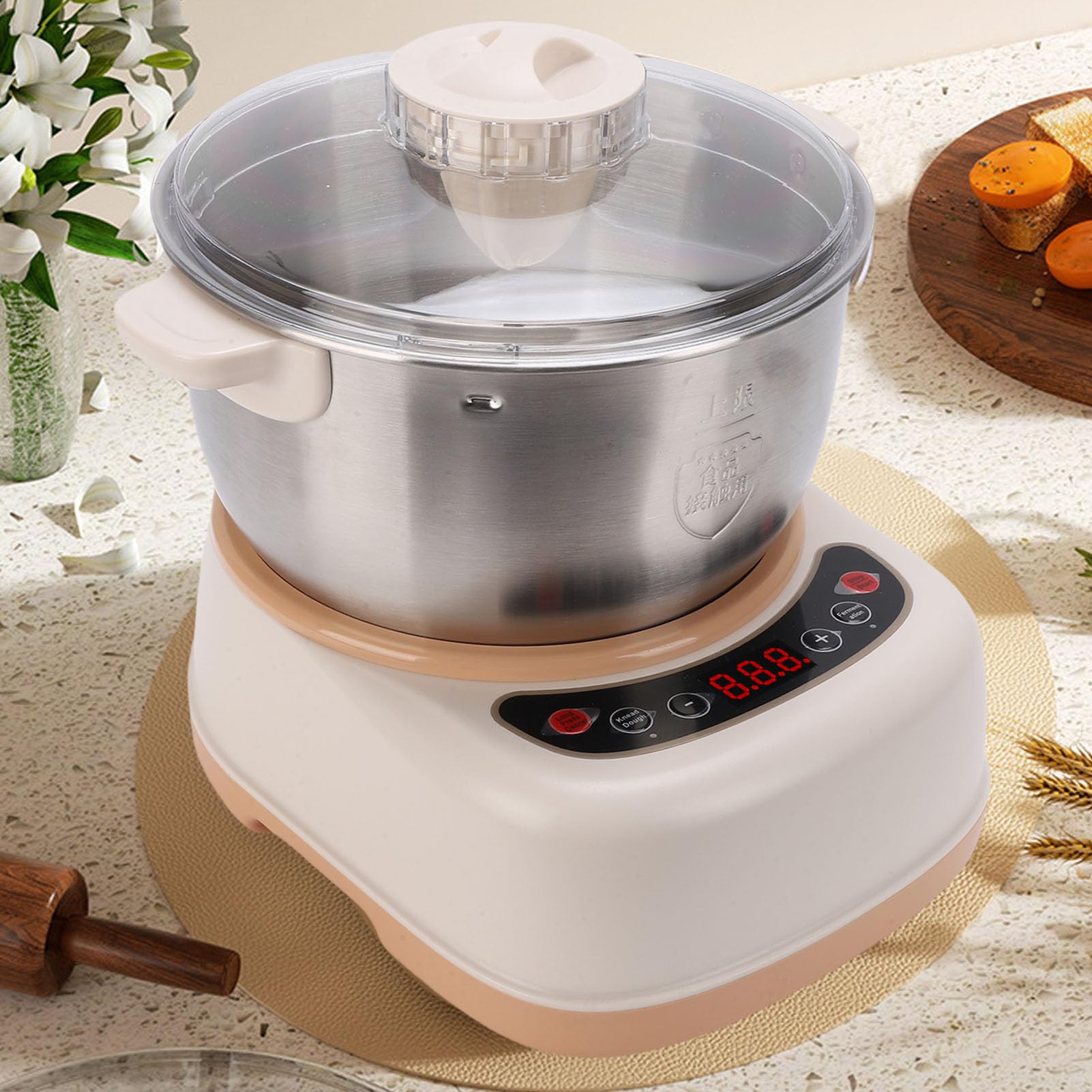 Luocute Amasadora, 120W Máquina Automática de Masa de Acero Inoxidable con Tazón de 5L y Función de Fermentación de Amasado para Pan, Pizza, Pasta, Albóndigas, Bollos Al (Estándar Europeo 220V)