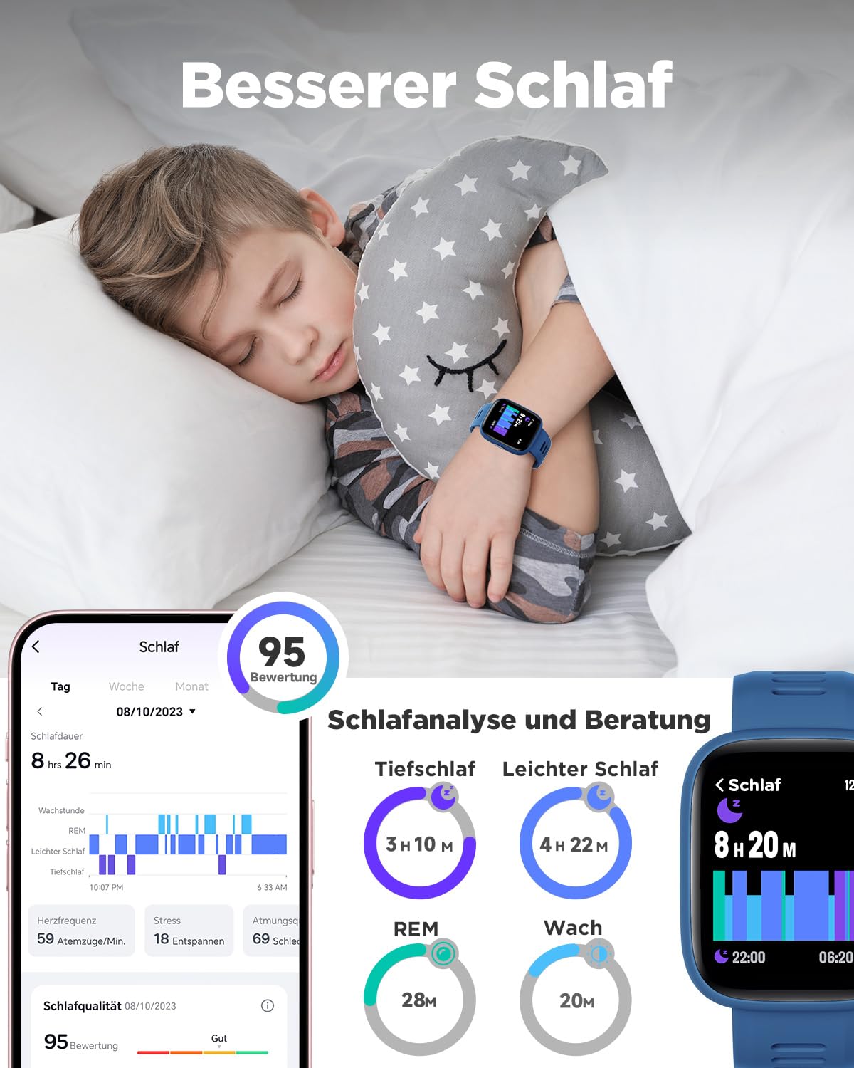 BIGGERFIVE Smartwatch Kinder, 1,8" Fitness Uhr Schrittzähler, 24/7 Puls | IP68 Wasserdicht, Schlafmonitor, Wecker, 5 Puzzlespiele mit/ohne App, Fitness Tracker für Mädchen Jungen Teens 5–16