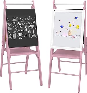 AIYAPLAY Kids Easel with Paper Roll 3 in 1 Art Easel for Toddlers Height Adjustable Double-Sided Kids Whiteboard Blackboard for Ages 3-6 Years - Pink