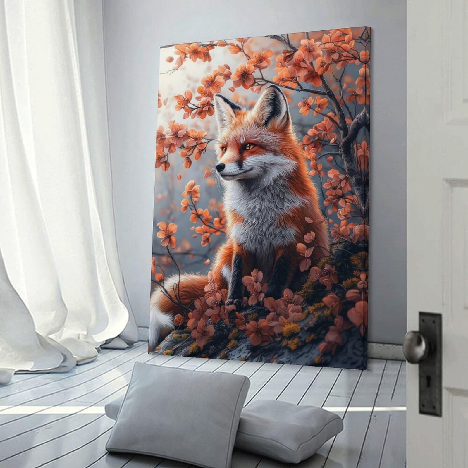 Junmoney Frame-Style-4 Fox In Blossom Canvas Wall Art 24X36inch(60X90cm), For Office Decor, Home Working Or Creative Rooms, Wall Art That Adds Style To Work Areas