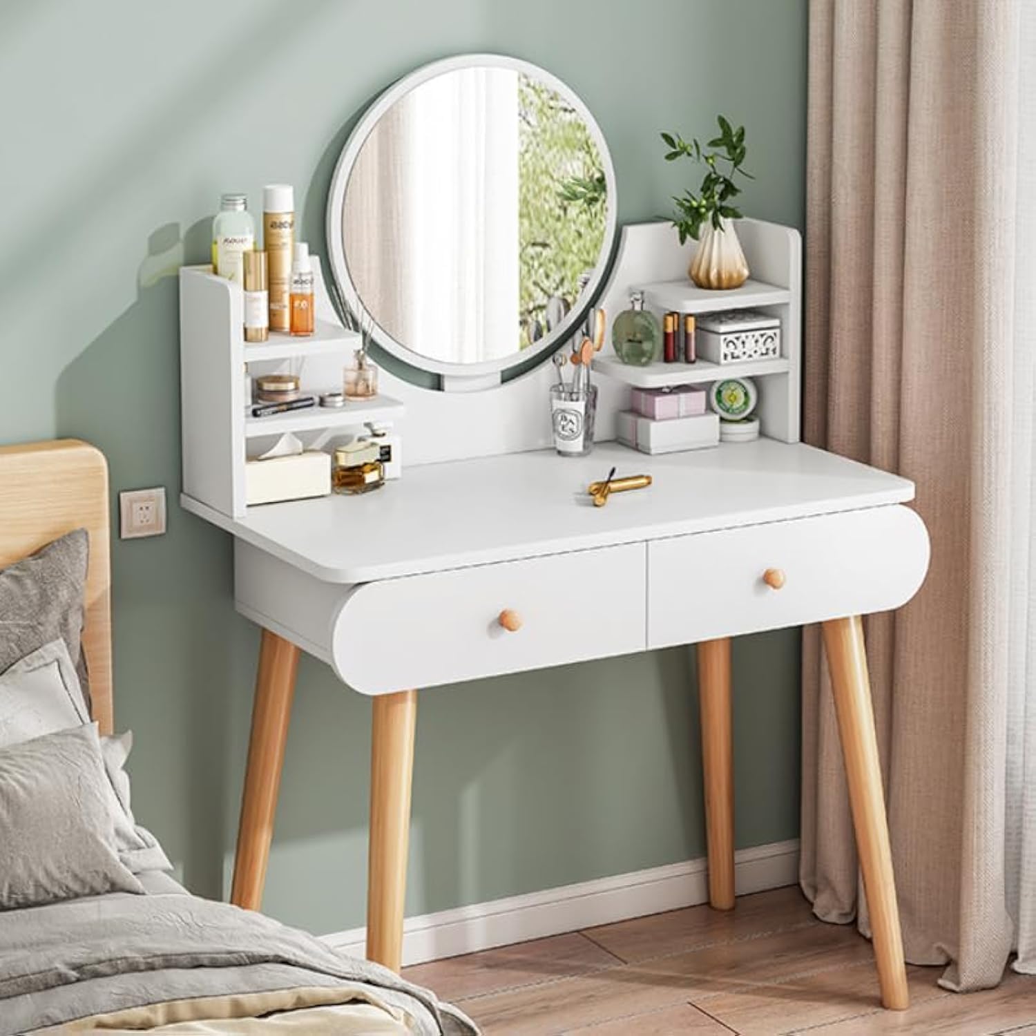 HAOWINS-PAN 80cm Makeup Table Makeup Mirror Integrated Table Modern Simple Bedroom Makeup Table Small Dressing Table Dressing Table