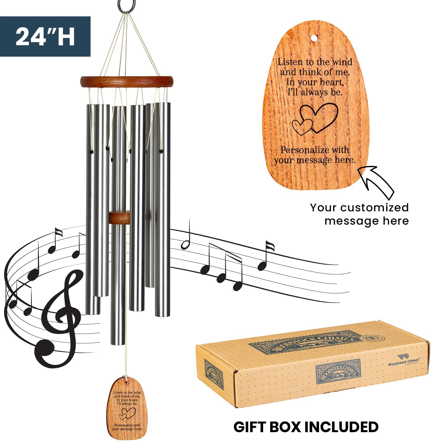 Woodstock Chimes Personalized Amazing Grace Wind Chime for Outside 24" Medium Silver, Outdoor Garden Decor, Memorial Gift for Loss Loved Ones P-AGMS30