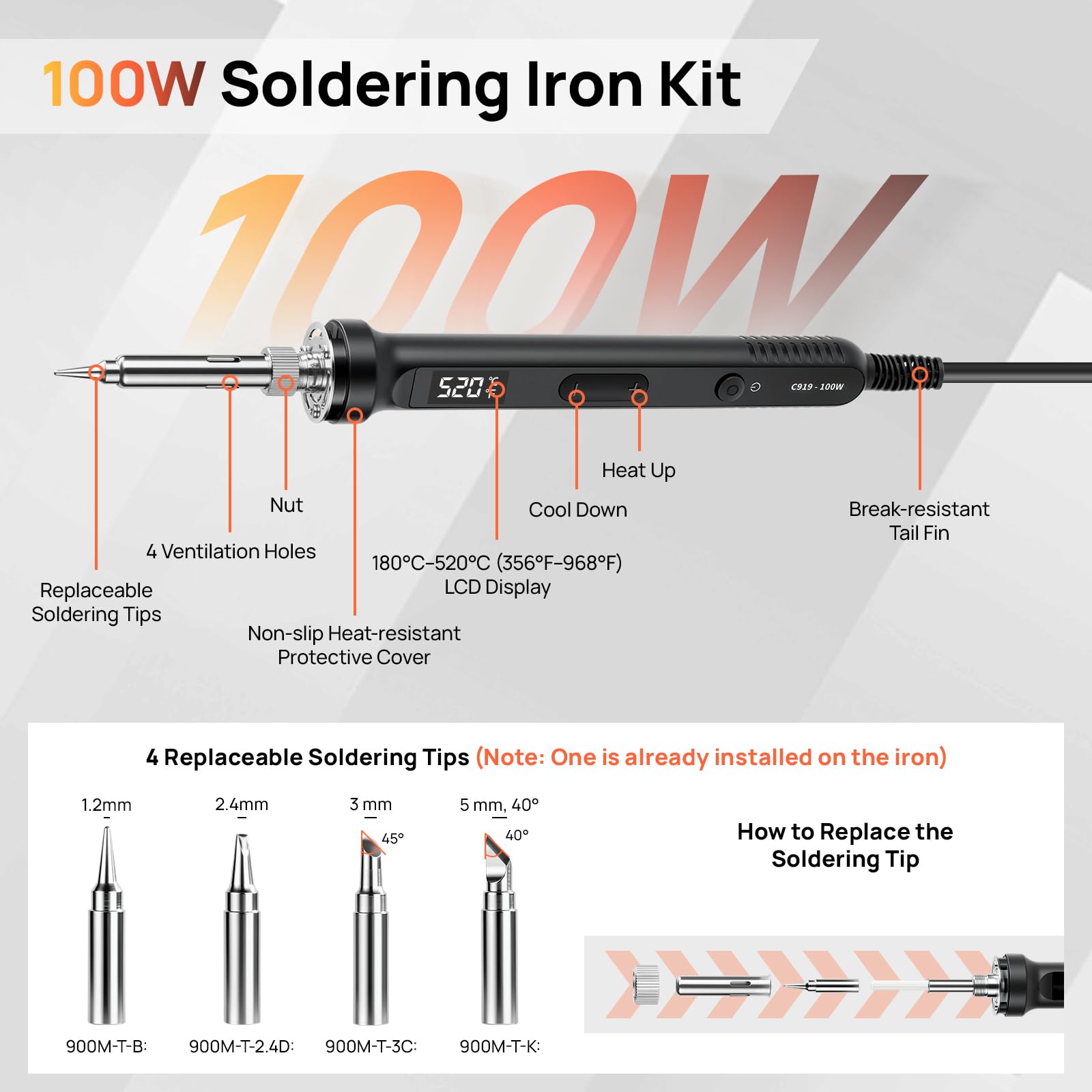 LCD Fer à Souder Kit 100W Température Réglable 180-520°C Electronique de Precision avec Multimètre Numérique/4 Pannes/Support pour Fer àSouder/étain à Souder/Pompe à Dessouder et Pince à épiler
