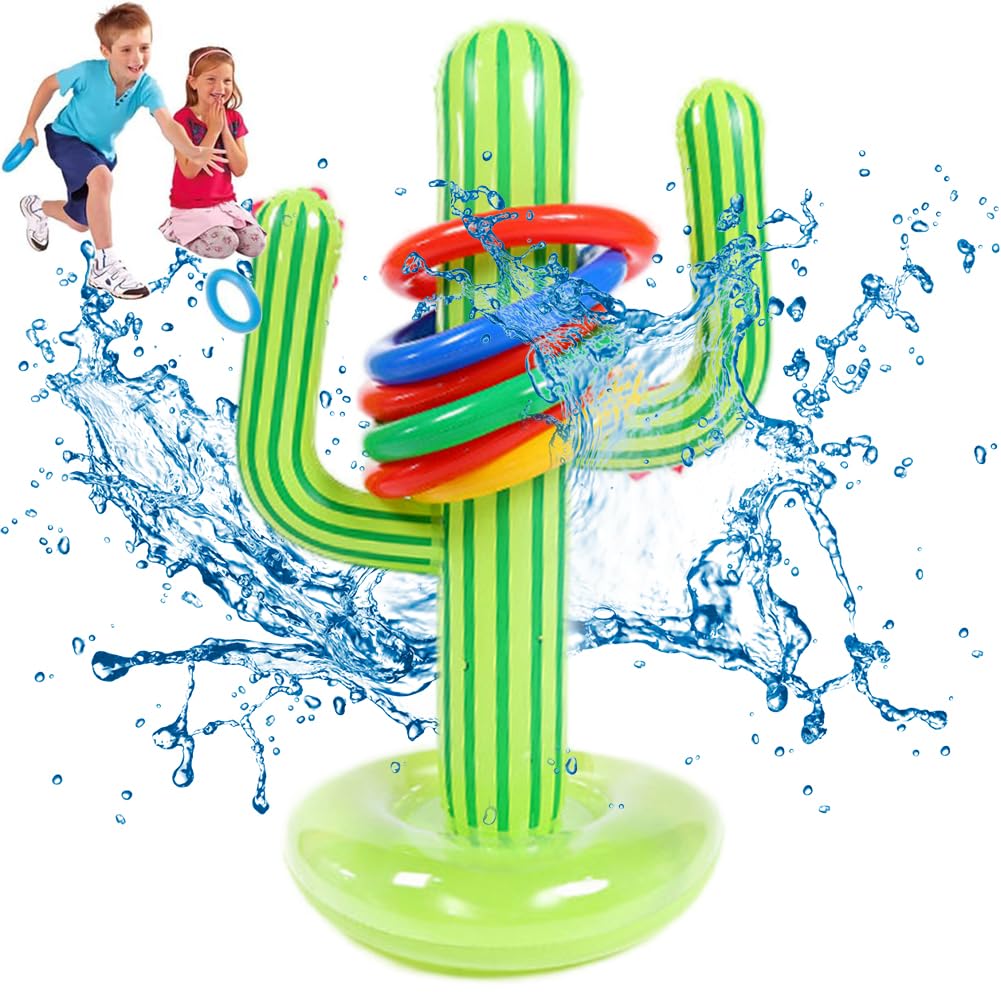 Inflatable Cactus Ring, 9 PCS Inflatable Ring Toss Game, Cactus Ring Toss Game Set, Cactus with 8 Rings, Inflatable Rings for Party, for Pool Game Children Adult Indoor Outdoor Game