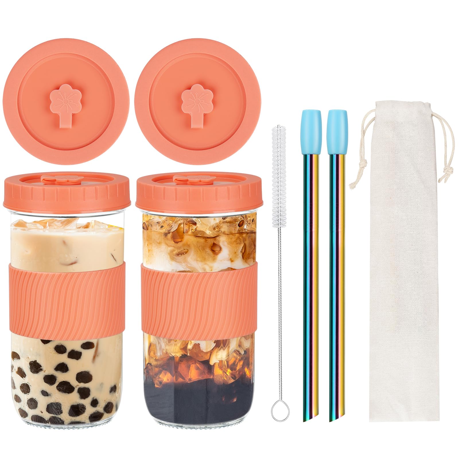 JIIKOOAI Bubble Cup with Lid and Straw of 2, Reusable 750ml Boba Tea Cup Wide Mouth Mason Jar Cups Drinking Glasses Tumbler with Lid Travel Mug Glass for Bubble Tea Coffee