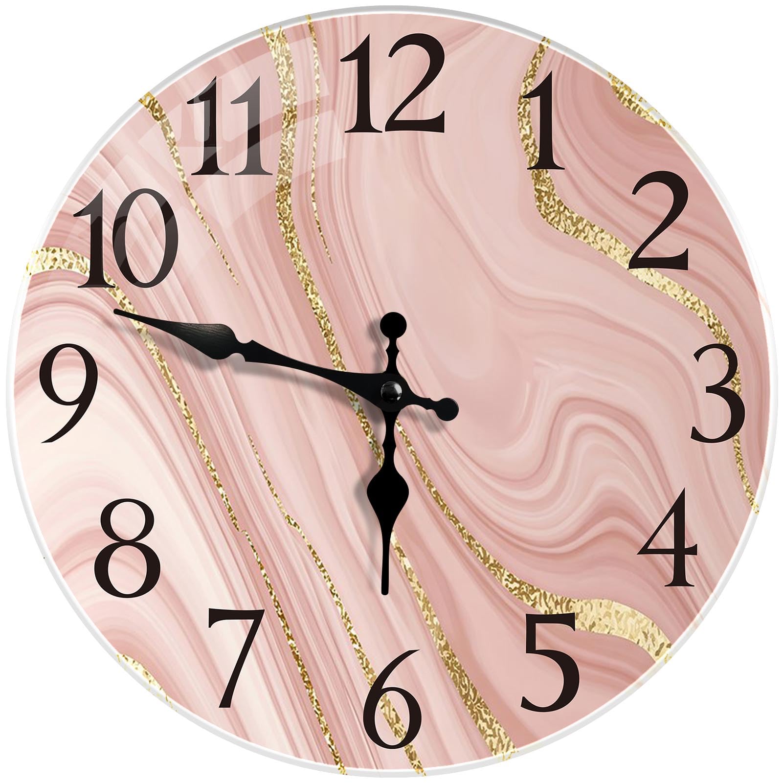 Britimes Round Wall Clock Silent Non-Ticking Battery Operated Outdoor Waterproof Glass Clock 12 Inch, Gold Pink Marble Home Decor for Living Room,