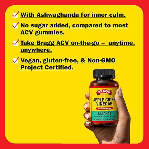 Miniatura 3 de Bragg Daily Balance - Cápsulas de vinagre de sidra de manzana y Sensoril Ashwagandha - 750 mg de ácido acético - Soporte para el control de energía