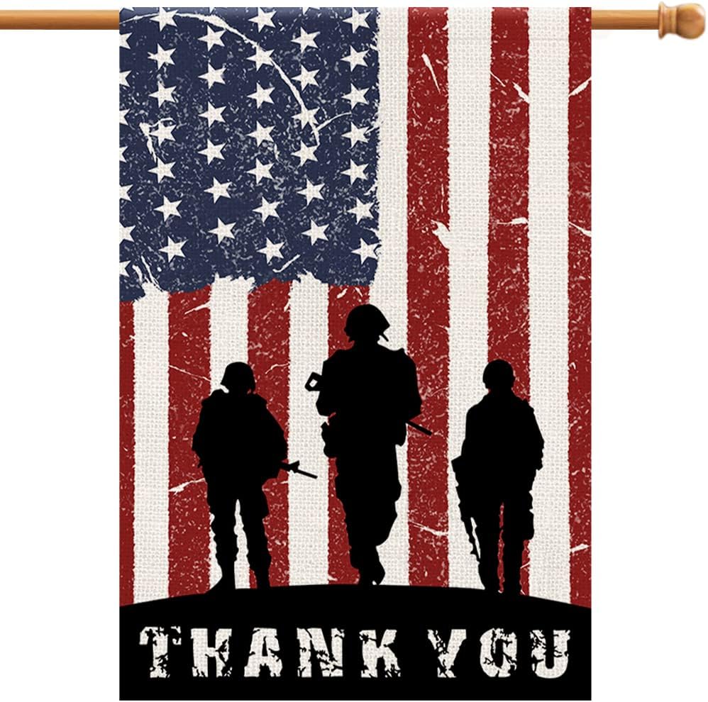 Patriotic American Soldier Thank You Garden Flag 12×18 Inch Double Sided 4th of July Independence Day Memorial Day Yard Outdoor Decor USA Flag