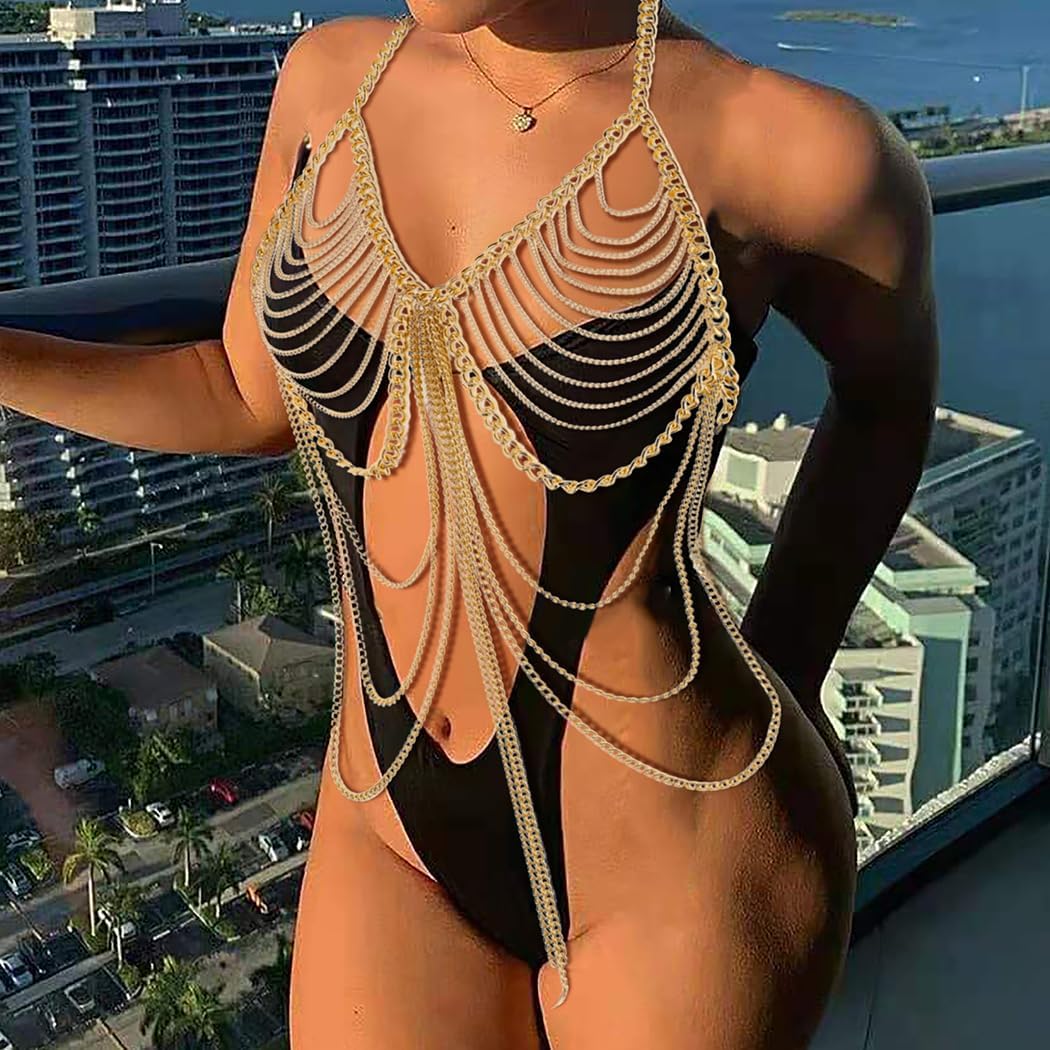 Tassel Body Chain Sexy Bra Chains Gold Body Jewelry Bikini Chain Beach Accessories Rave Nightclub Party Accessory