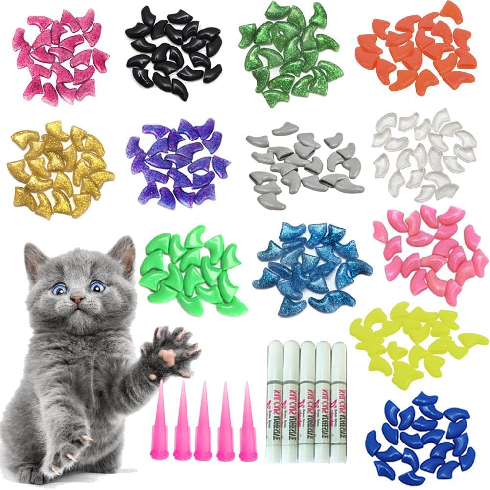 200pcs Cat Nail Caps - Colorful Pet Cat Soft Claws Nail Covers for Cat Claws with Glue and Applicators Medium (M)