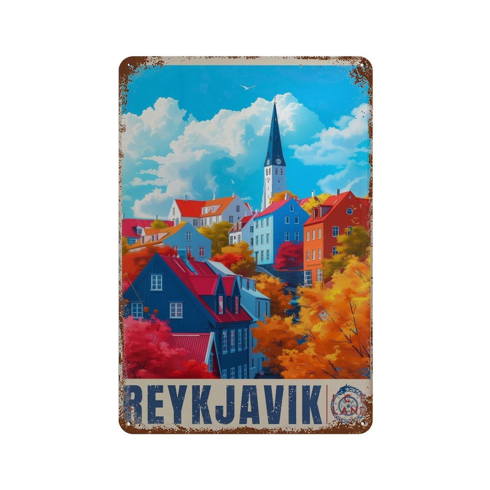 xiaoxiaoshen Reykjavik Iceland Colorful Cityscape Travel Wall Decor Art Metal Tin Poster Modern Home Decor Art Home Bar Shop Decorations Vintage Sign 30x20cm