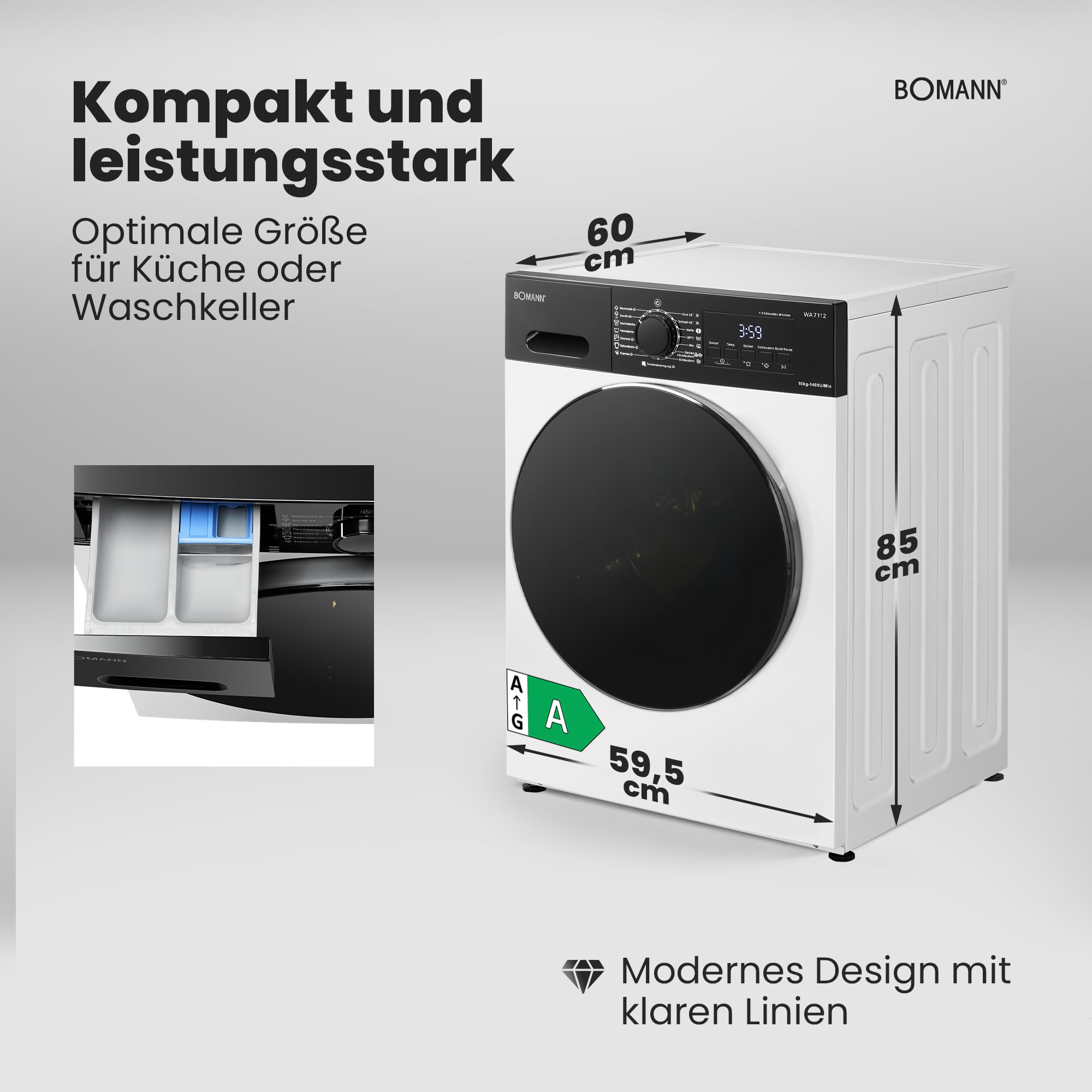 Bomann® Waschmaschine 10kg | 5 Jahre Motor-Garantie | Invertermotor - effizient, leise & langlebig | inkl. Aqua-Stop | max. 1400 U/min | 15 Programme | LED-Display | Washing Machine | WA 7112 weiß