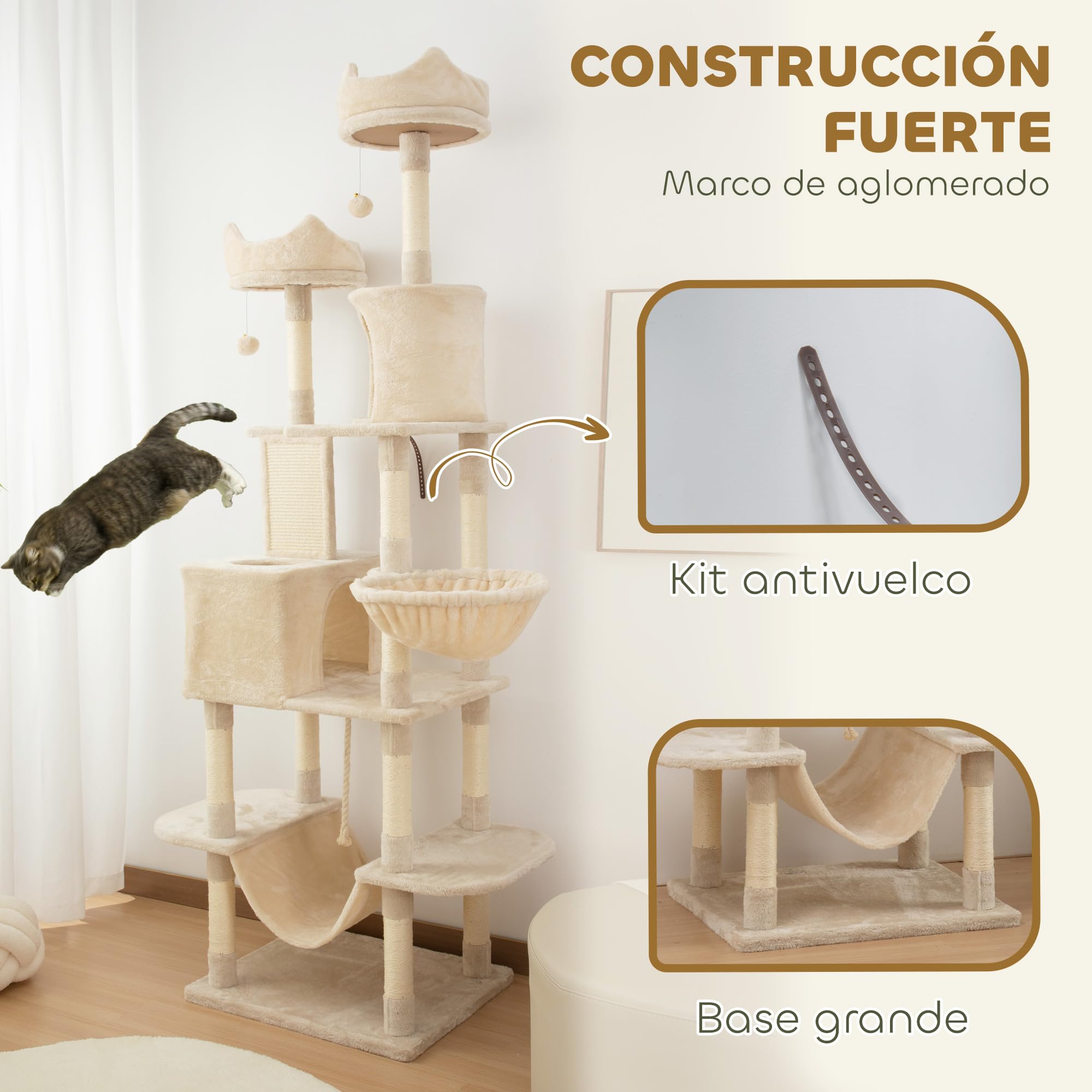 PawHut Rascador para Gatos Grande Altura 206 cm con Cuevas Hamacas Beige | Árbol para Gatos, Torre de Escalera, Plataformas, Bolas Colgantes
