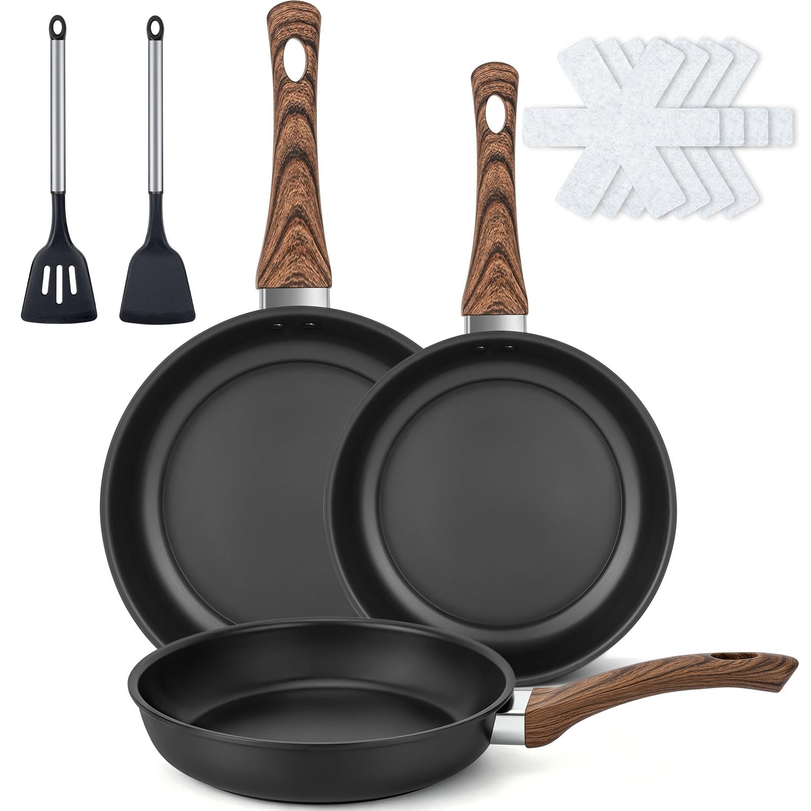 Colourcoco 9-teiliges Pfanne Induktion - 20/25/30cm Nitridierte Antihaft-Pfanne, Hitzebeständiger Holzgriff, Für Alle Herdarten Geeignet – Pfanne Für Zuhause Und Camping, Schwarz