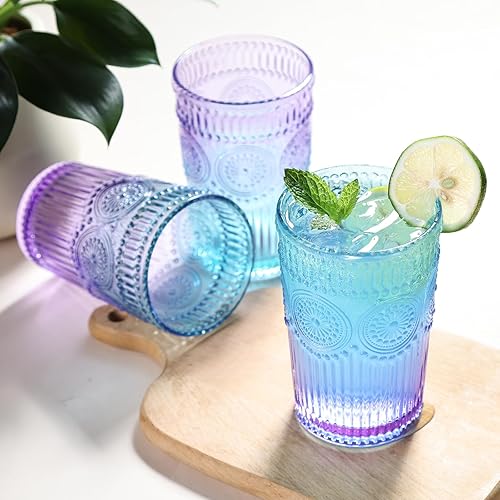 Miniatura 4 de Juego de 6 vasos de bebida vintage, vasos de vidrio de 12 onzas, vasos de vidrio acanalados en relieve para cóctel, agua, jugo, café, whisky