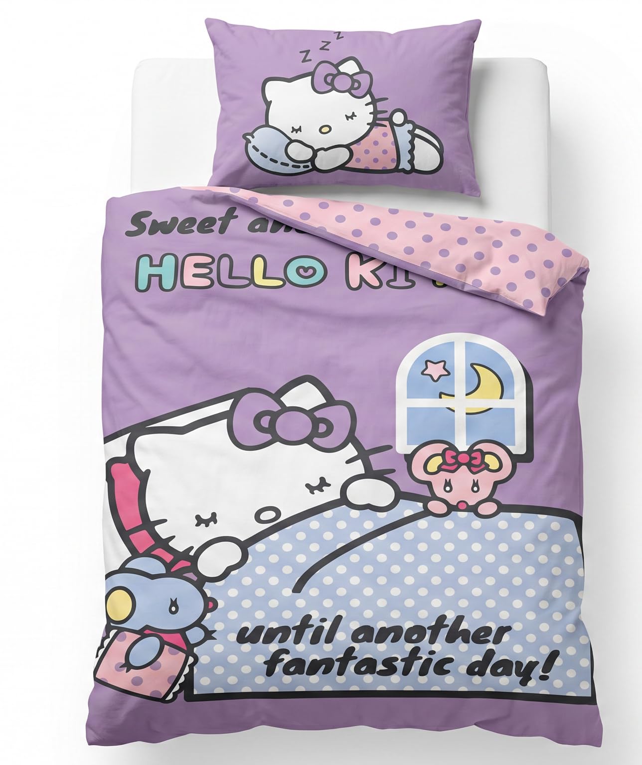 Hello Kitty Kids Bedding Set | Duvet Cover 140x200 cm + Pillowcase 50x70 cm, 100% Cotton | Official Sanrio Soft Breathable Children’s Bed Linen | Cute Hello Kitty Bedroom Set, Hello Kitty - Purple — image 1