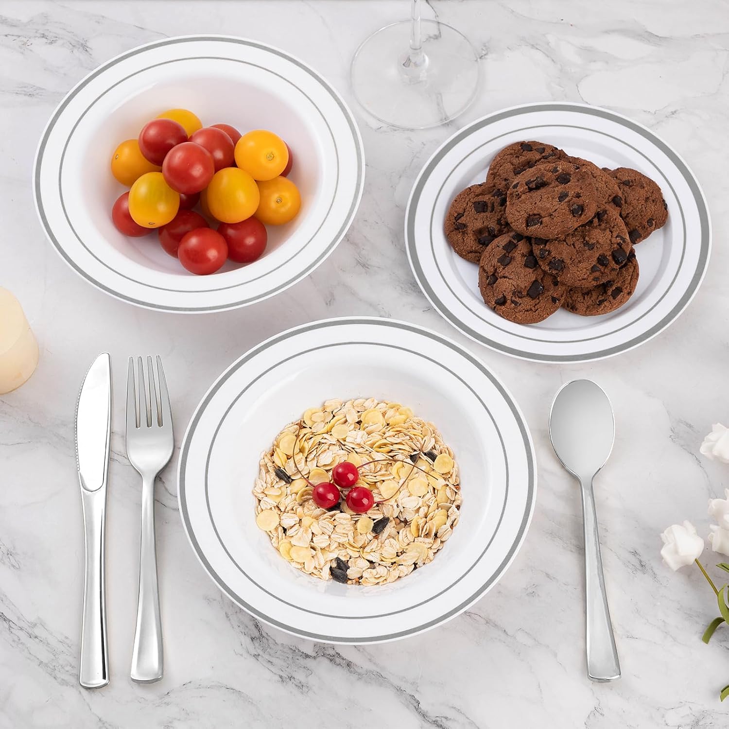 Goodluck 50 Pack Plastic Bowls with Silver Rim, 12oz Disposable Soup Bowls for Weddings, Parties, Dinners, Catering, and Everyday Use - Image 2