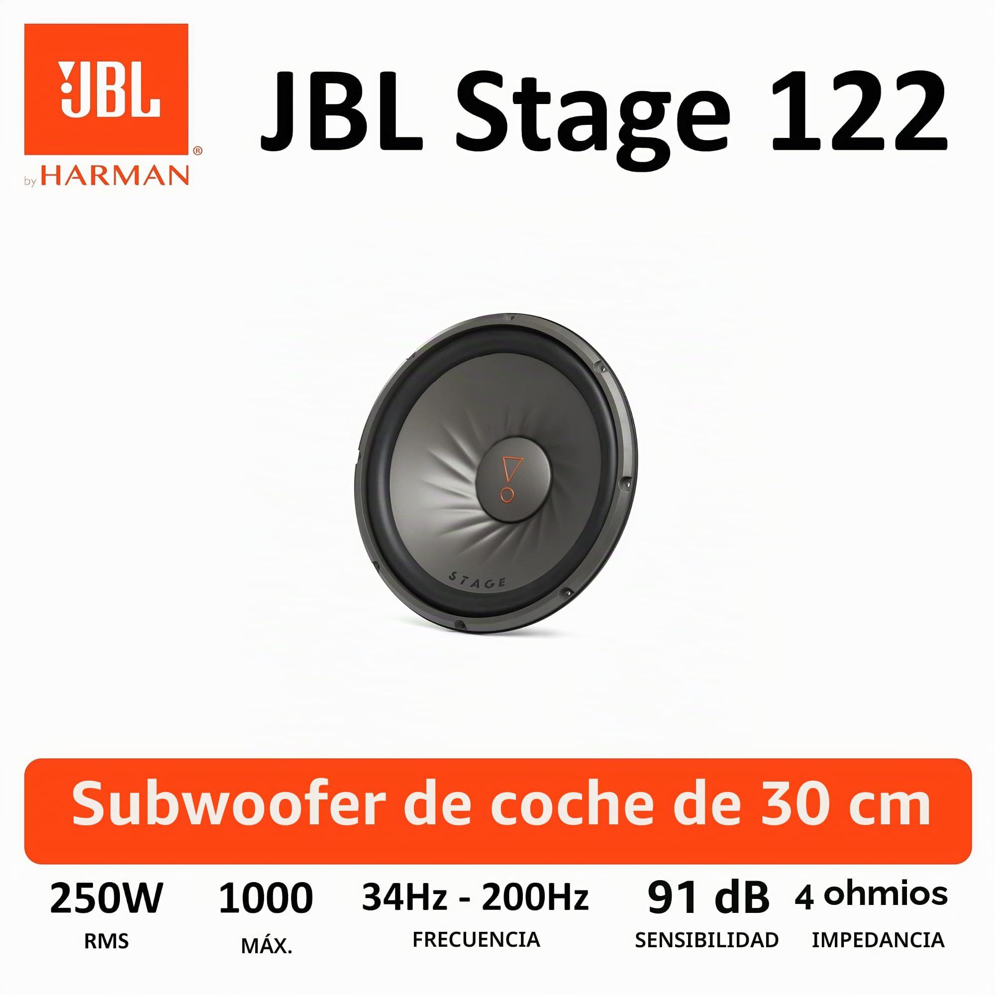 JBL Stage 122D Subwoofer Auto 30 cm - 1000 Watt Dual 4-Ohm Car HiFi | Caja de bajos 12 pulgadas con membrana de polipropileno, junta de goma Hi-Roll y bobinas duales – 2 u 8 Ohm