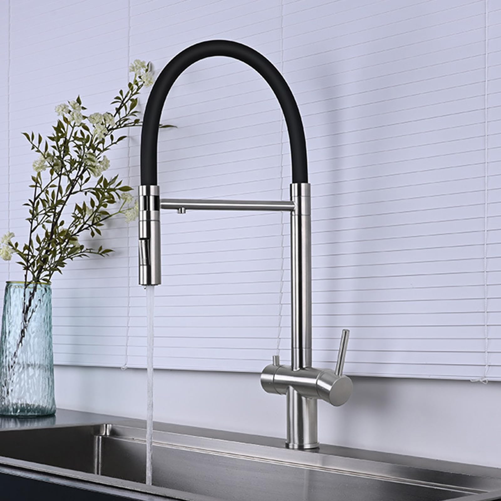 Grifo Mezclador de Cocina y baño Moderno de 3 vías, Giratorio, 2 manijas, Fregadero de Acero Inoxidable, Filtro de Agua Caliente y fría, Oro Cepillado.