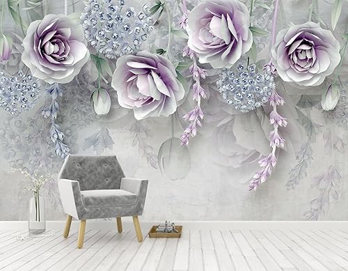 Miniatura 2 de Papel tapiz 3D floral de rosas moradas, papel tapiz moderno de hojas de flores para decoración de murales de pared de dormitorio (no se puede