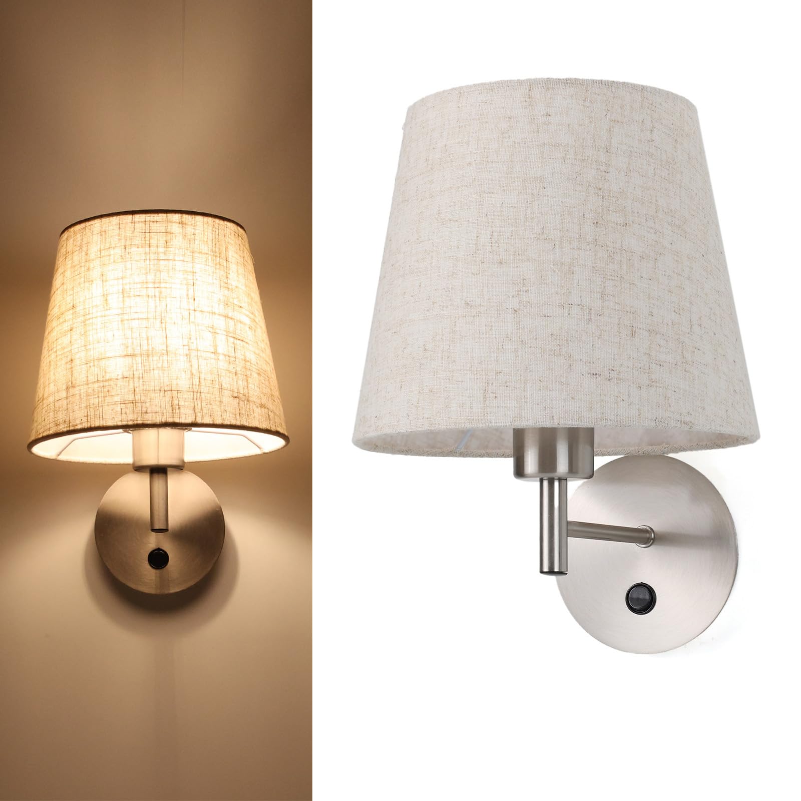 Alpinaluz Applique murale classique nickel satiné, lampe avec abat-jour en tissu beige clair et interrupteur avant, culot E27 pour chambre et tête de lit