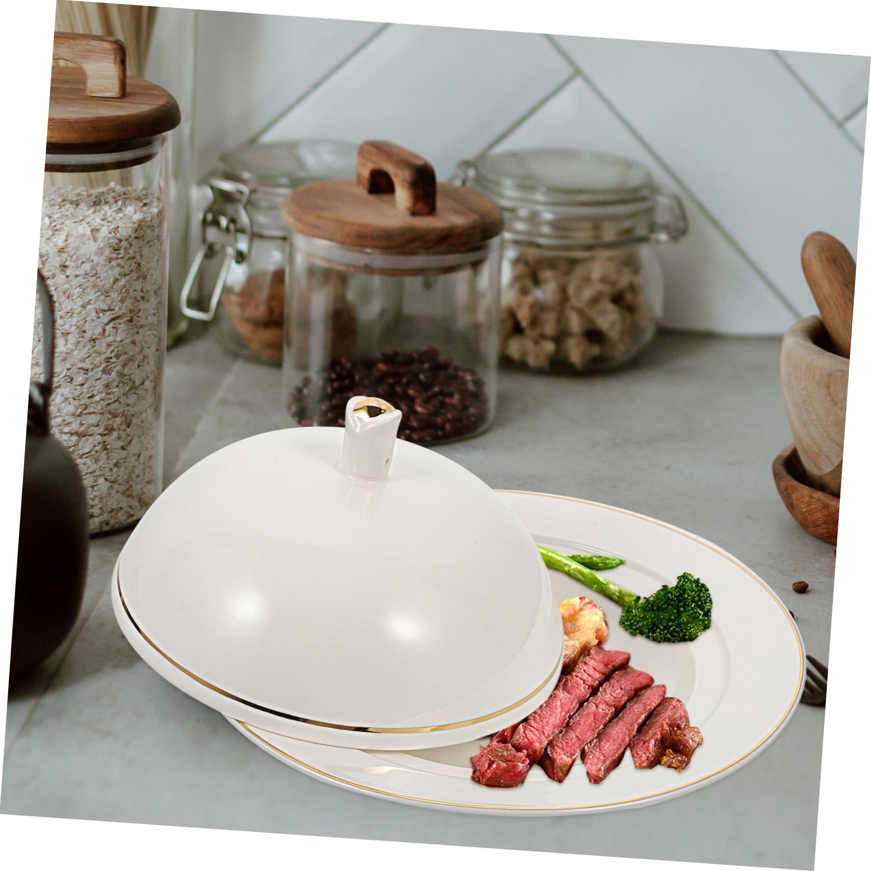 Plato de Cerámica Blanco para Servir Bistec y Postres con Tapa Vajilla de Cocina para Restaurante Occidental y Hogar