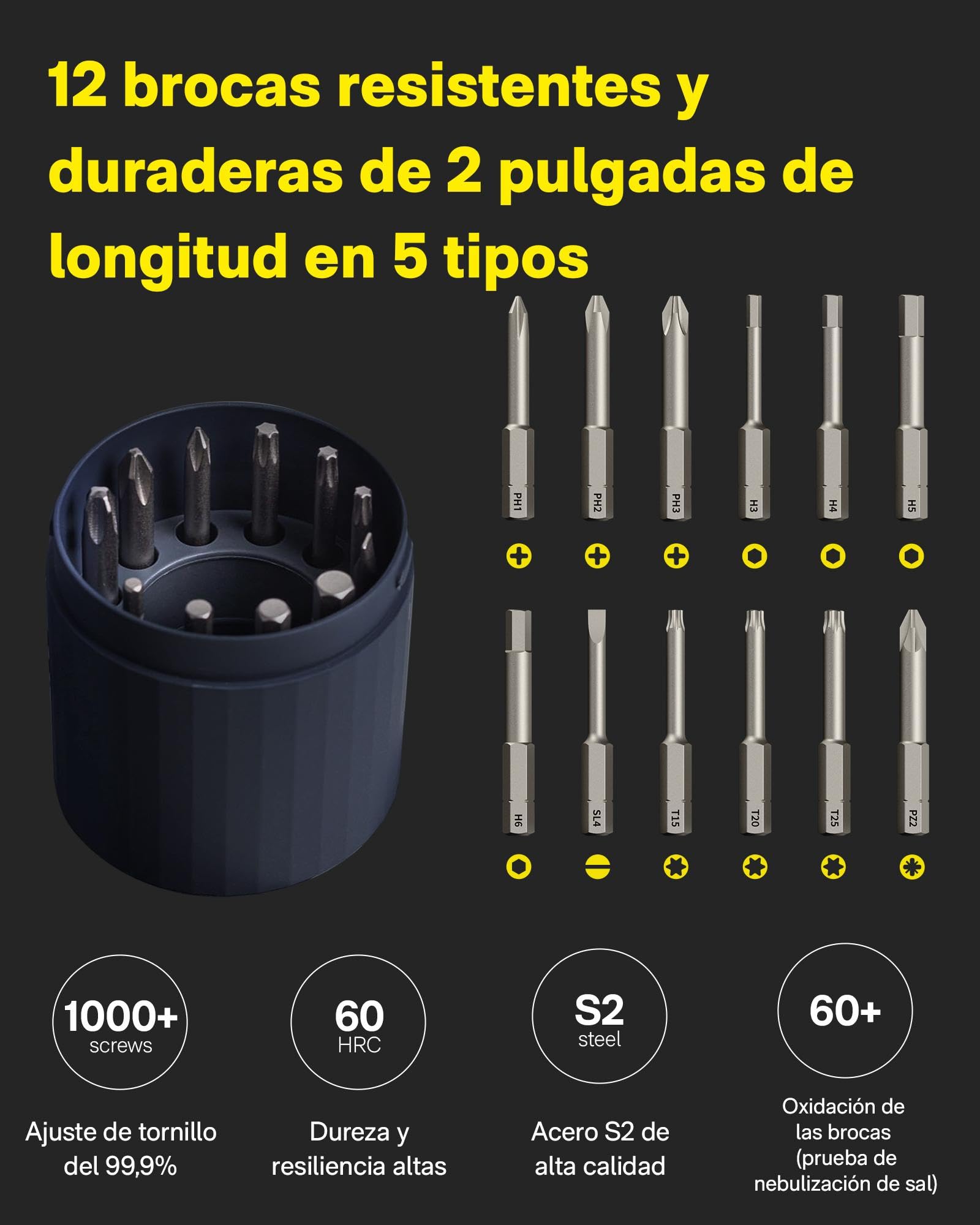 HOTO Juego de Destornillador Eléctrico 3.6V Inalámbrico, 4 N.m de Par | 12 Puntas de Acero S2 y Luz LED, kit de herramientas para reparación de computadoras y montaje de muebles