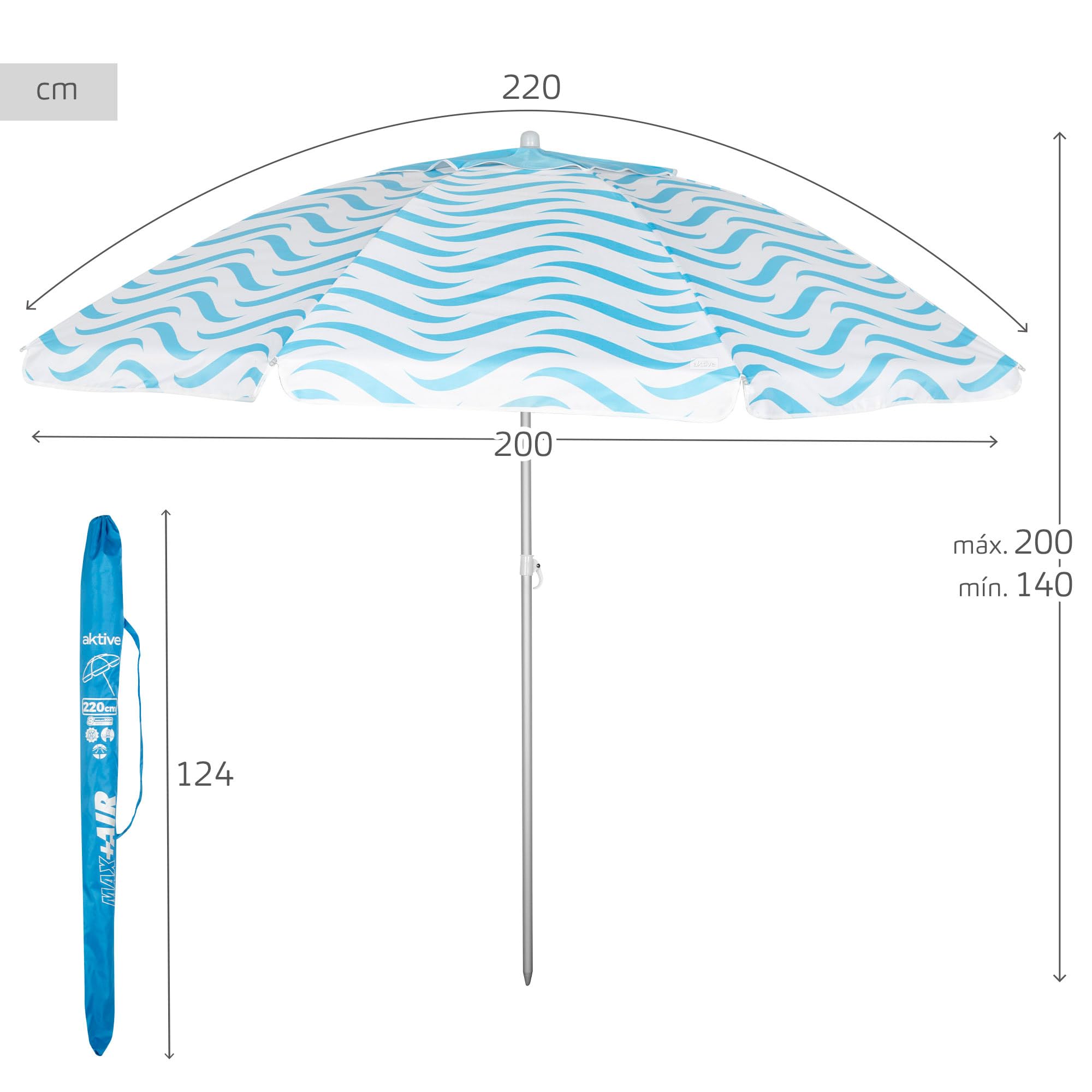 AKTIVE Parasol plażowy przeciwwiatrowy 220 cm, 8 żeber z włókna szklanego, wzór fal plażowych, wentylacja górna, ochrona UV50, stalowy drążek przechylny, 28/32 mm, w zestawie pokrowiec (62441), Biały,