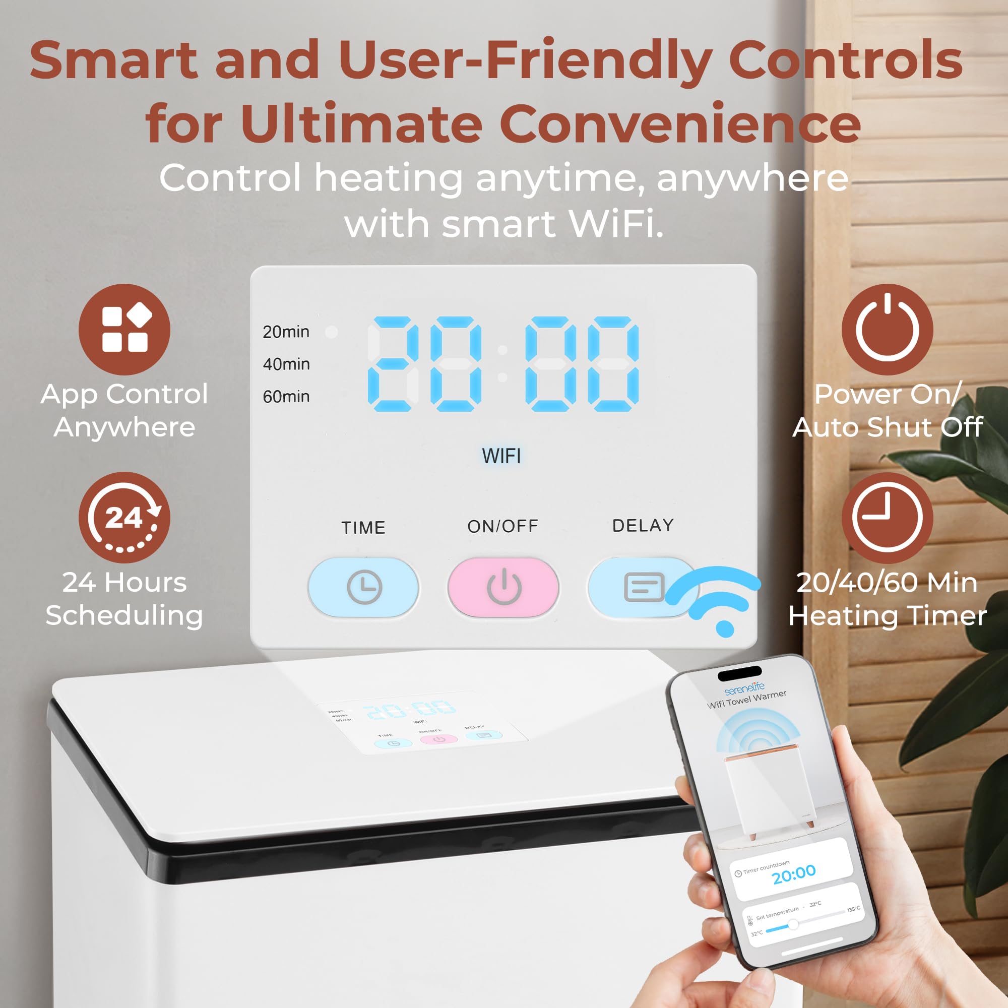 SereneLife SLTLR560W Secchio scaldasalviette rettangolare – Grande capacità singolo tocco asciugamano e coperta scalda con funzionalità WiFi integrata (nero), Taglia unica