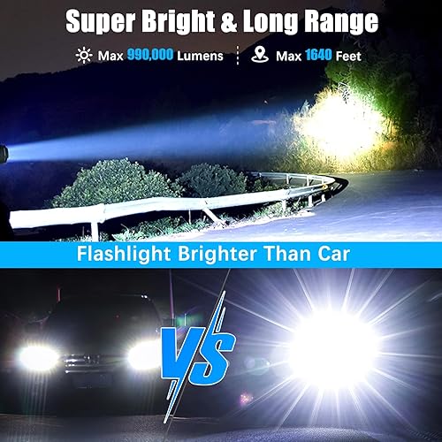 Miniatura 6 de Alifa Linternas recargables de alto lúmenes, paquete de 2 linternas recargables, 990000 lm linterna súper brillante, 5 modos de linternas tácticas