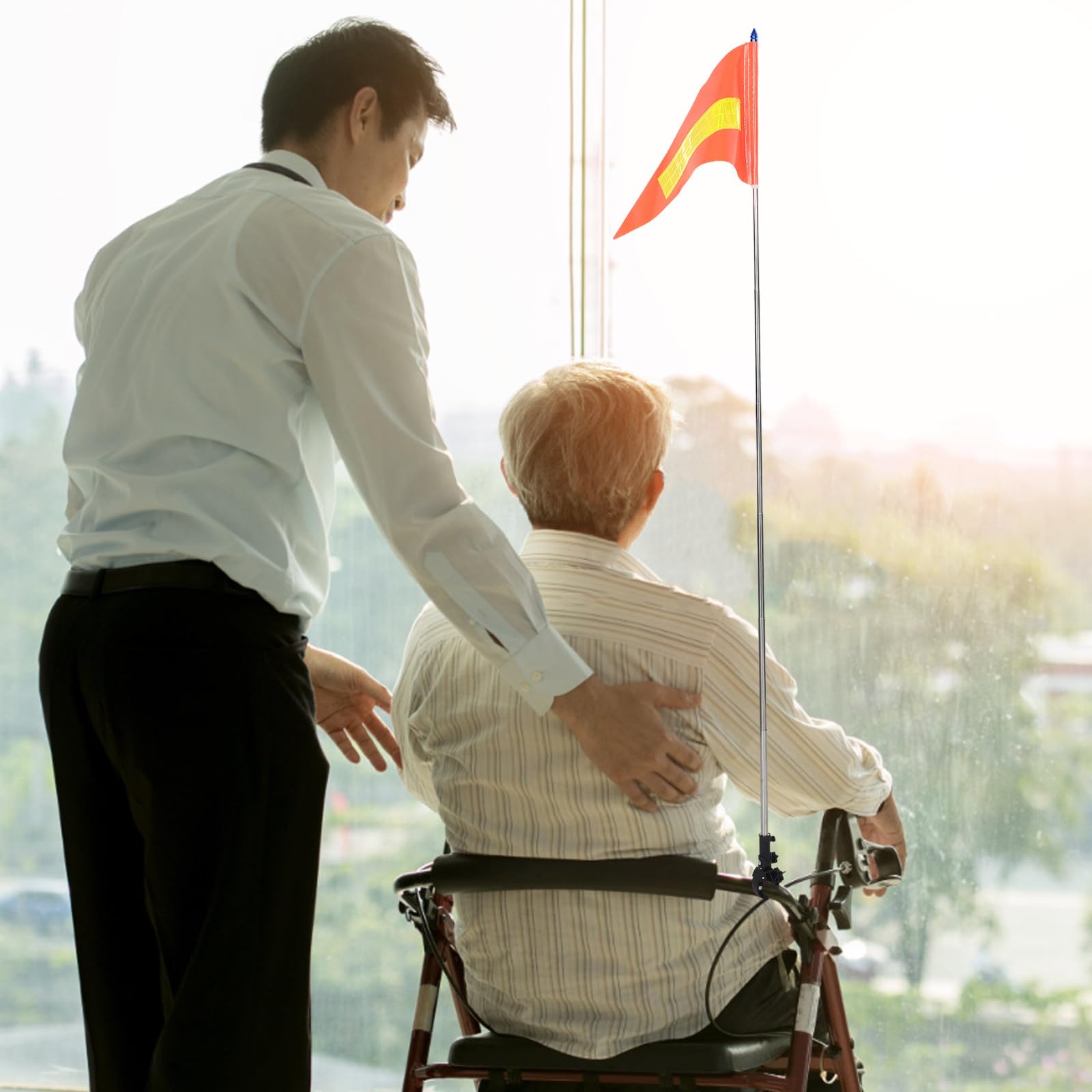 Bandera de seguridad para sillas de ruedas con tira reflectante, mástil telescópico ajustable 1,5 m