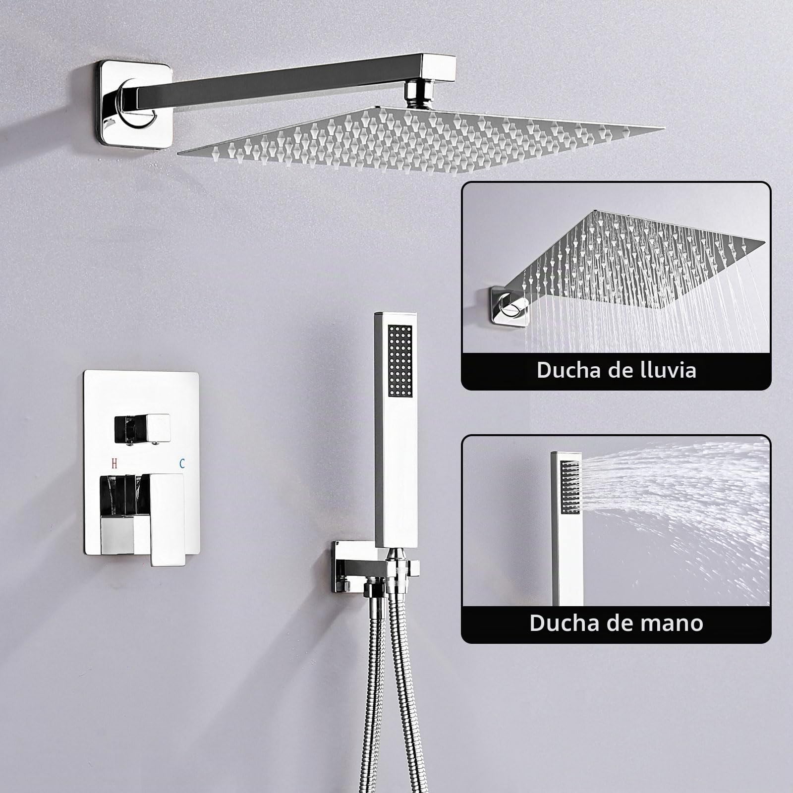 SaniteModar Ducha Empotrada, Cromo | Ducha lluvia cuadrada 25x25cm, manguera 1,5m; boquillas silicona fáciles limpieza; diseño oculto;sin dañar pared reparaciones
