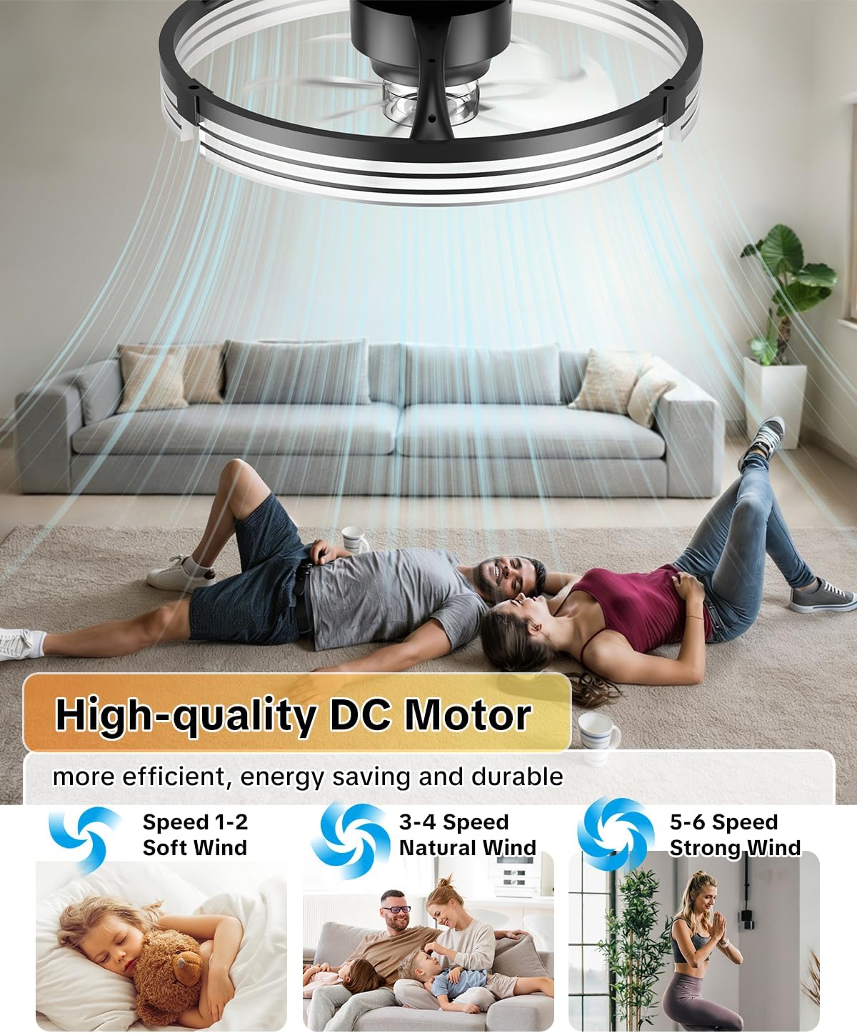 AIKVSXER Ceiling Fans with Lights and Remote, 20 Inch Low Profile Fandelier with APP Control, Ultra Quiet, 3CCT and 6 Wind Speeds for Bedroom, Living Room Modern Flush Mount Fan Light