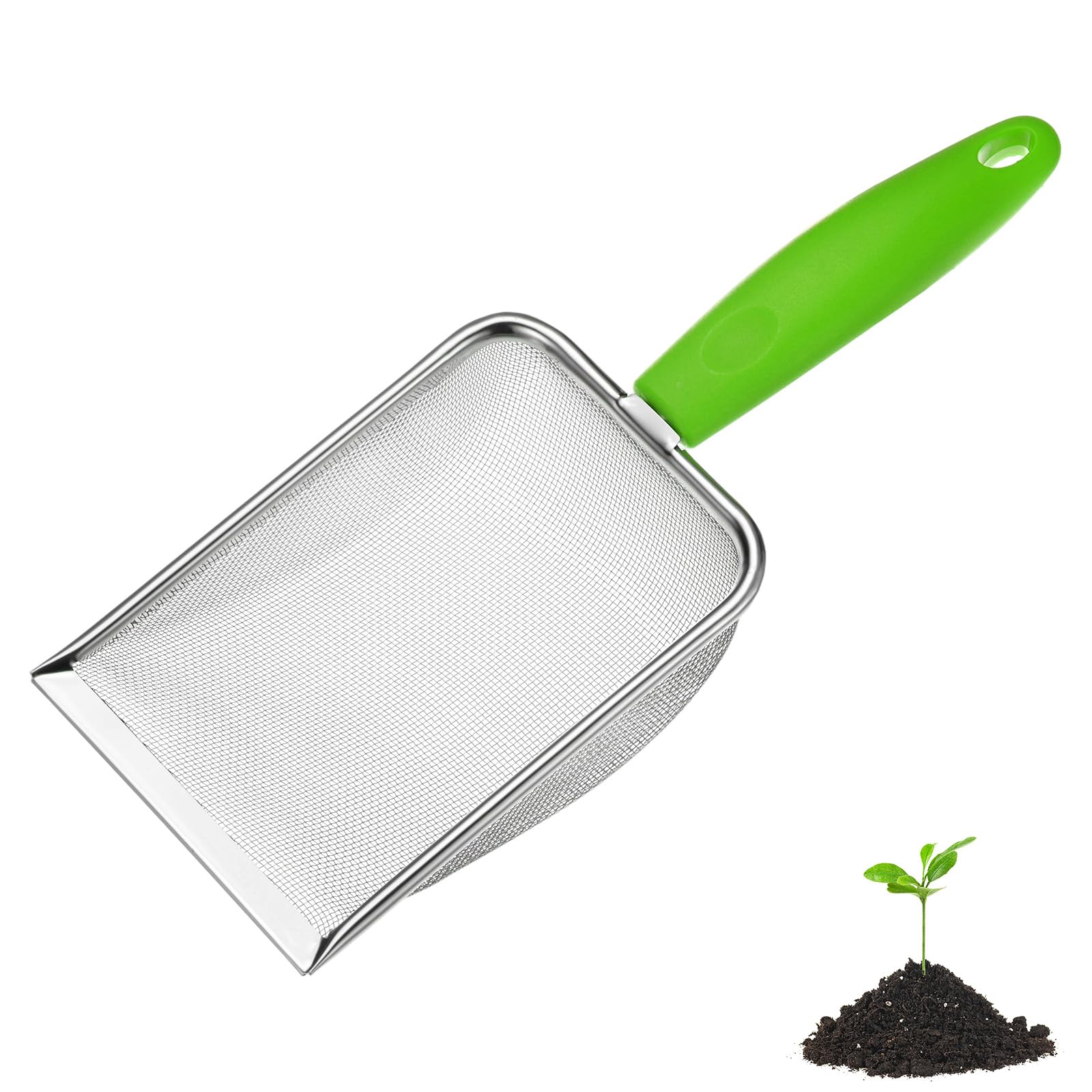 M METERXITY 1-Pack Gardening Soil Sifter, 1 mm Mesh Stainless Steel Portable Gardening Sifter with Plastic Handle for Sand/Dirt/Rock Compost [White, Green]