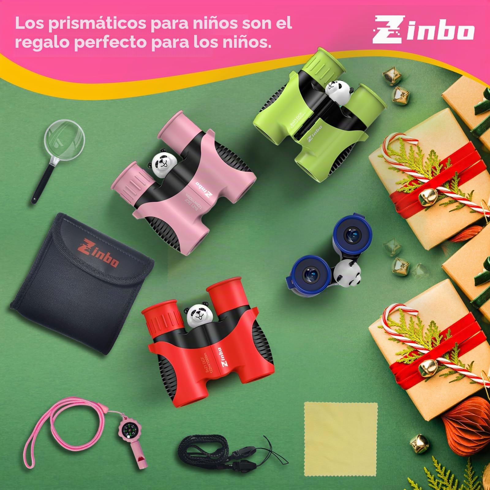 Prismáticos para niños de 8x21 Pulgadas, óptica Real de Alta resolución, Juego con Lupa y brújula de Silbato, prismáticos para niños de 3 a 12 años, Viajes, exploración de la Naturaleza (Rosa)