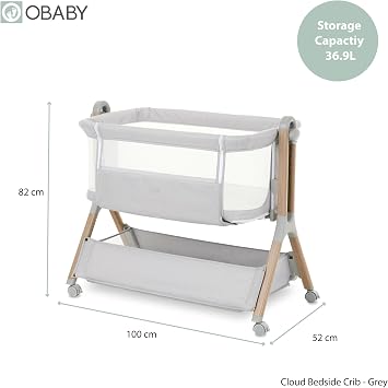 Obaby Cloud Bedside Crib – Grey, Compact Baby Cot with Adjustable Base & Breathable Mesh Sides